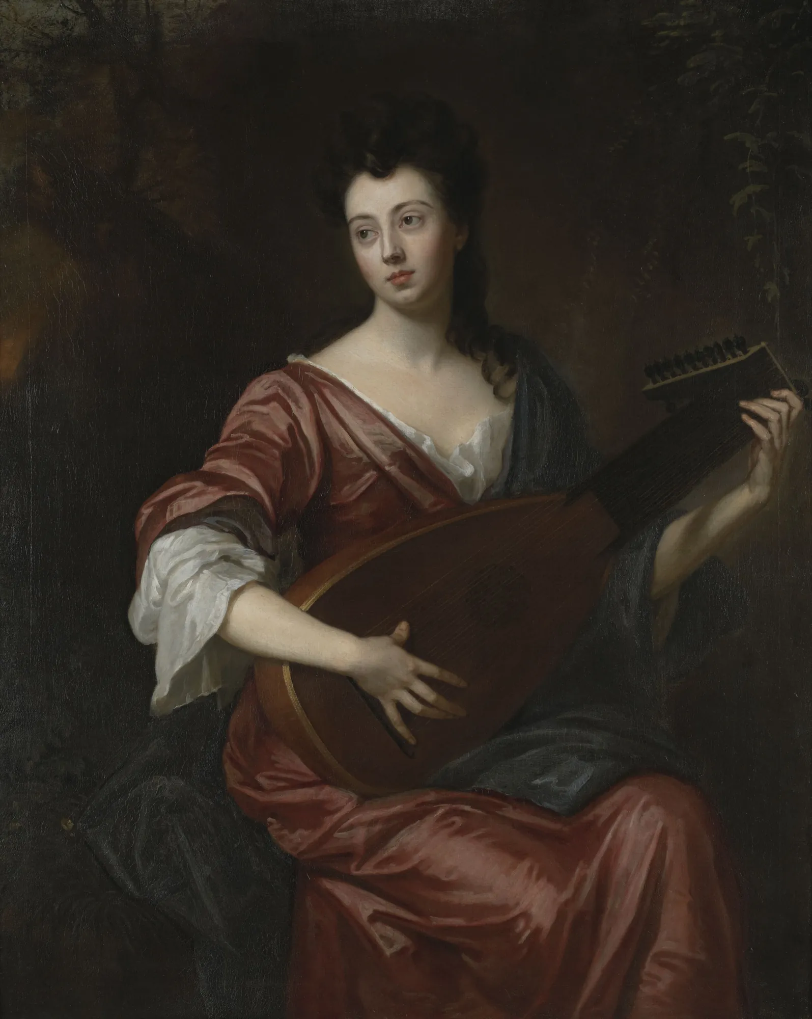Mrs. Arabella Hunt Playing a Lute Mrs. Arabella Hunt Playing a Lute by Godfrey Kneller. A seated woman in a shimmering red gown gazes pensively to the side while holding and playing a large lute.