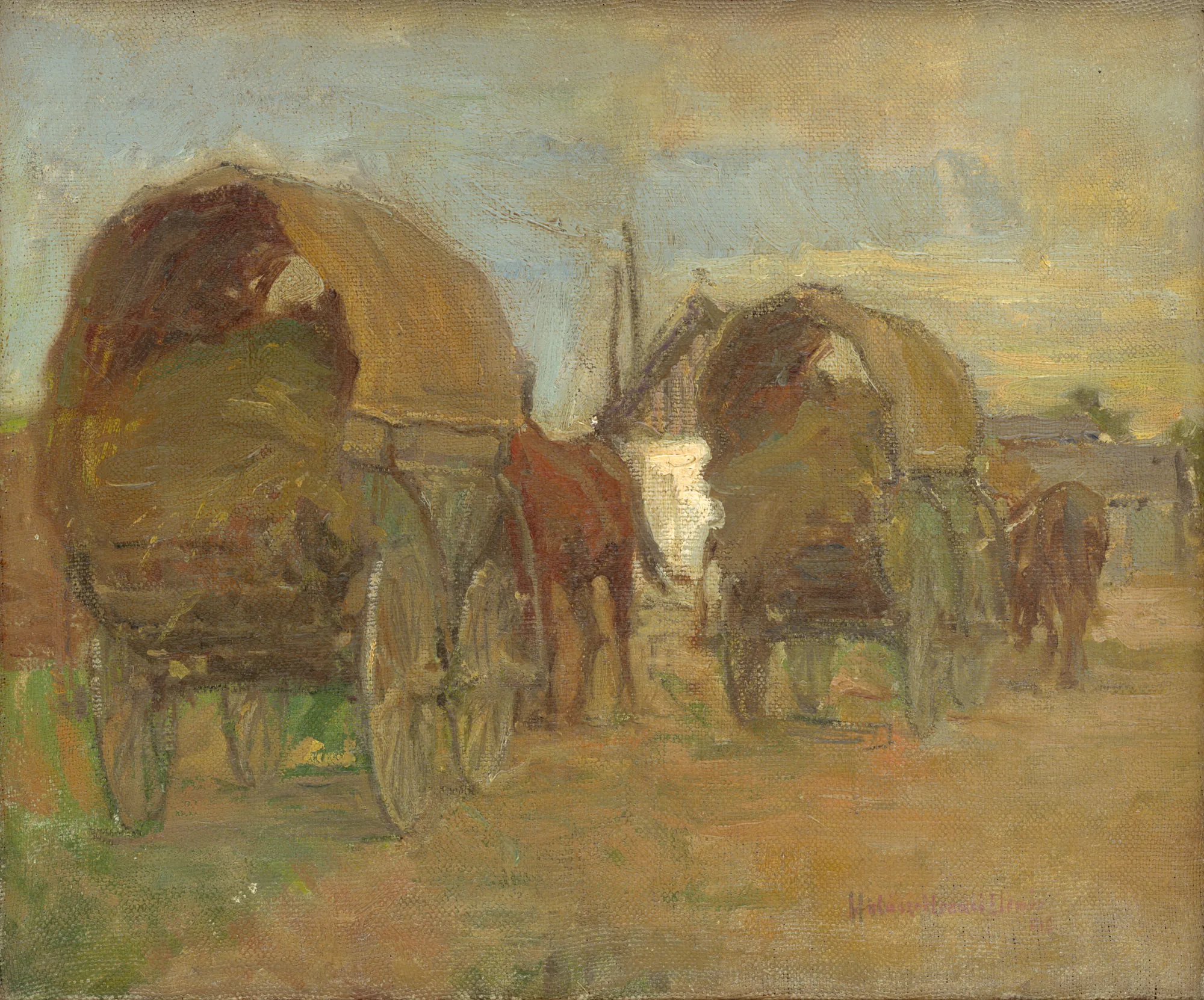 Romani Wagons Romani Wagons by Elemír Halász-Hradil. Two traditional horse-drawn covered wagons rest on a sun-drenched dirt path under a soft, hazy sky.