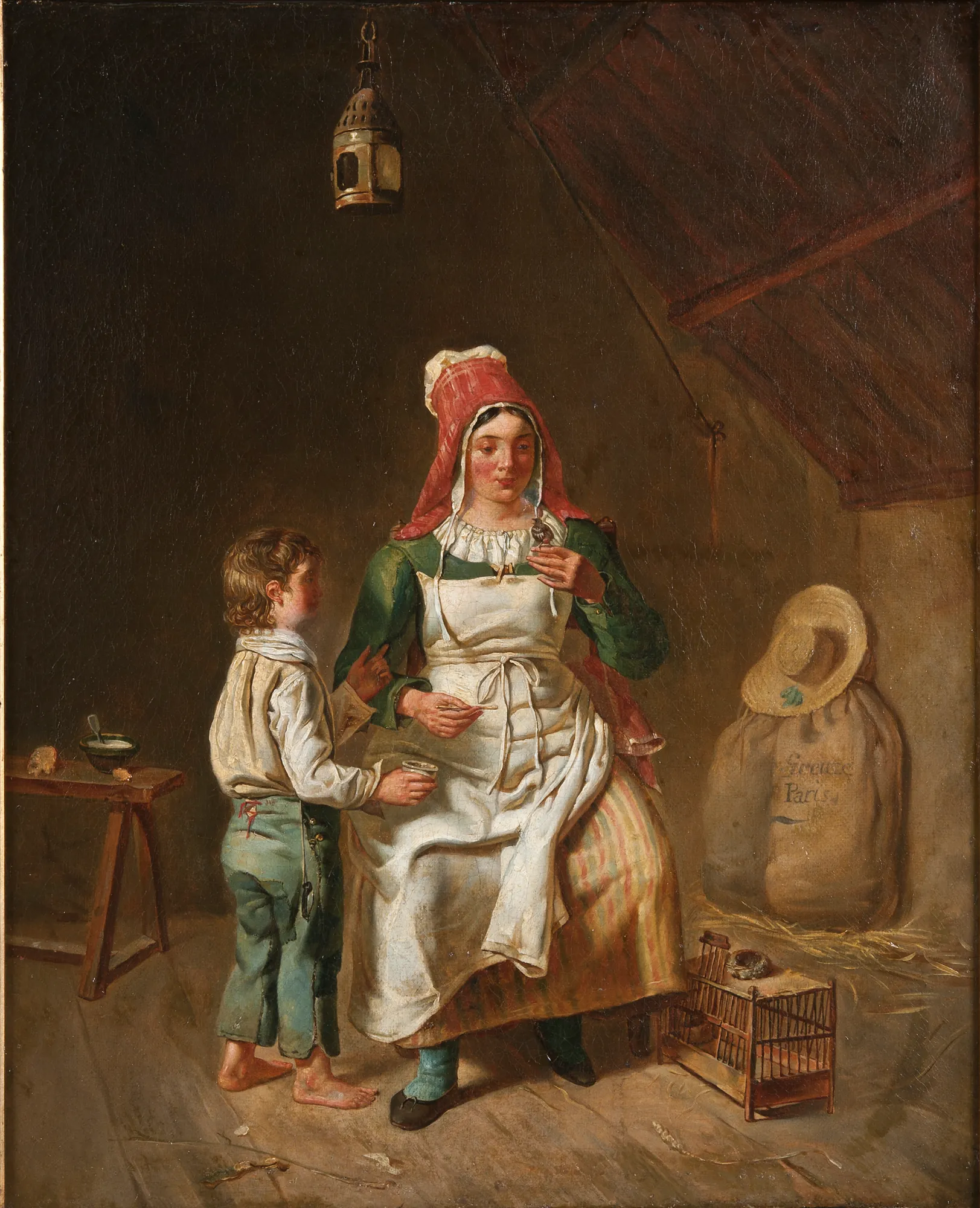 Mother and Son Feeding a Chick Mother and Son Feeding a Chick by Anna-Geneviève Greuze. A mother and her young son are depicted in a rustic interior, attentively feeding a small bird held in the woman's hand.