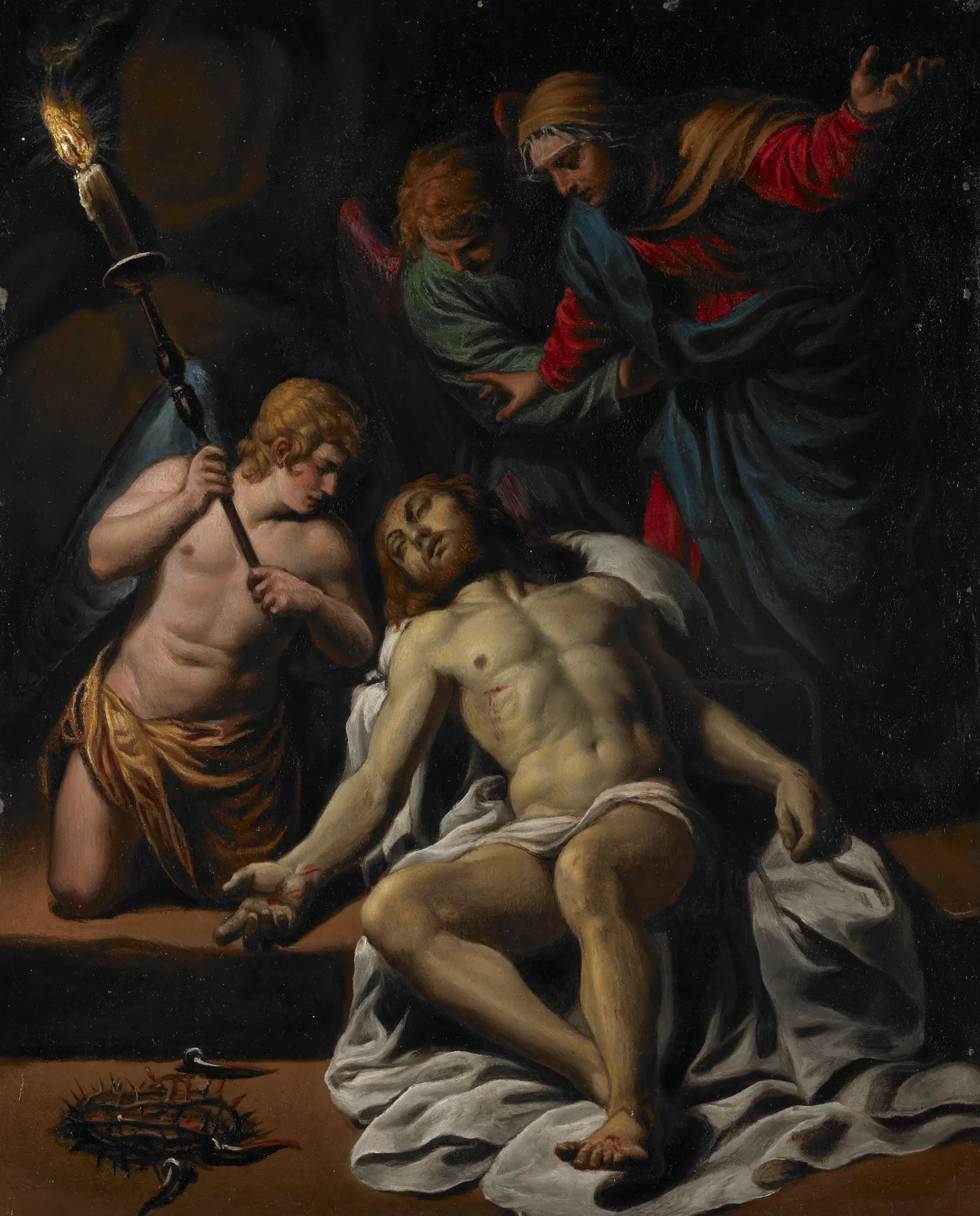 The Lamentation The Lamentation by Alessandro Turchi. A dramatic religious scene illuminated by a single torch, depicting the dead body of Christ being mourned by angels and figures in deep shadow.