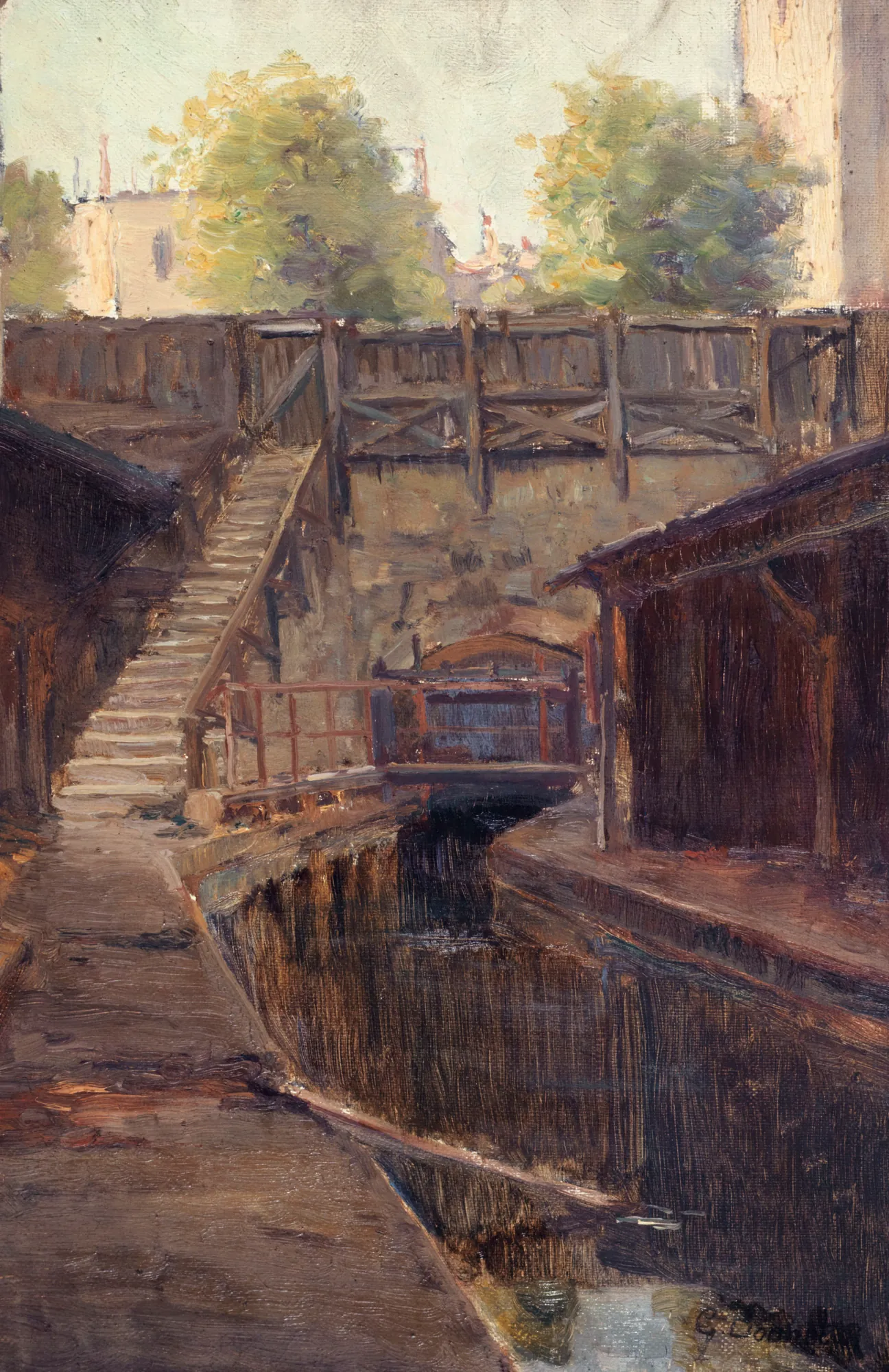 Bras gauche de la Bièvre, boulevard Arago Bras gauche de la Bièvre, boulevard Arago by Germain Eugène Bonneton. An impressionistic oil painting showing a narrow urban canal with dark wooden structures and a stone staircase leading down to the water.