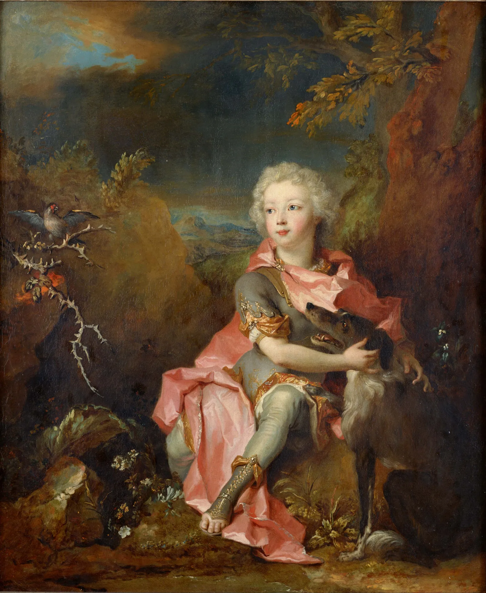 Portrait of a Young Nobleman Portrait of a Young Nobleman by Nicolas de Largillière. A young boy with powdered hair, wearing a grey tunic and draped in a vibrant pink cloak, sits in a dramatic landscape with a dog and a bird.