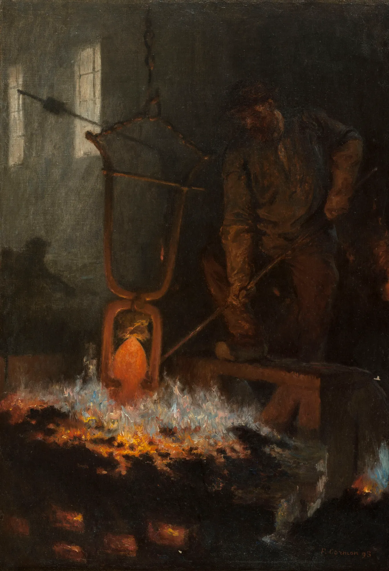 Le Verrier Le Verrier by Fernand Cormon. A glassmaker works in a dim, atmospheric workshop, illuminated by the intense orange glow of molten glass and furnace flames.