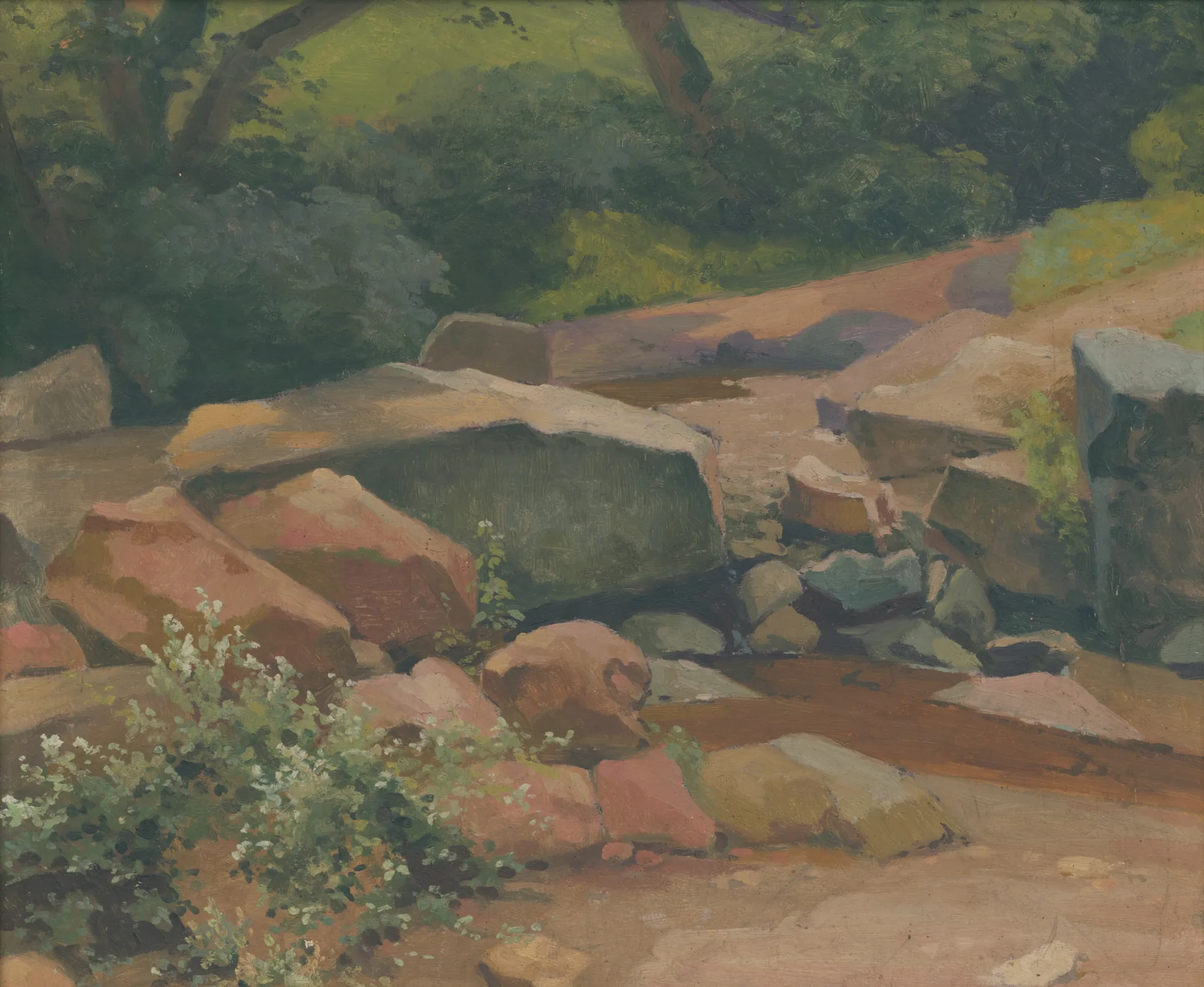 Rocks Rocks by Lajos Csordák. An impressionistic study of large pinkish-grey boulders nestled among lush green bushes and a sunlit path.