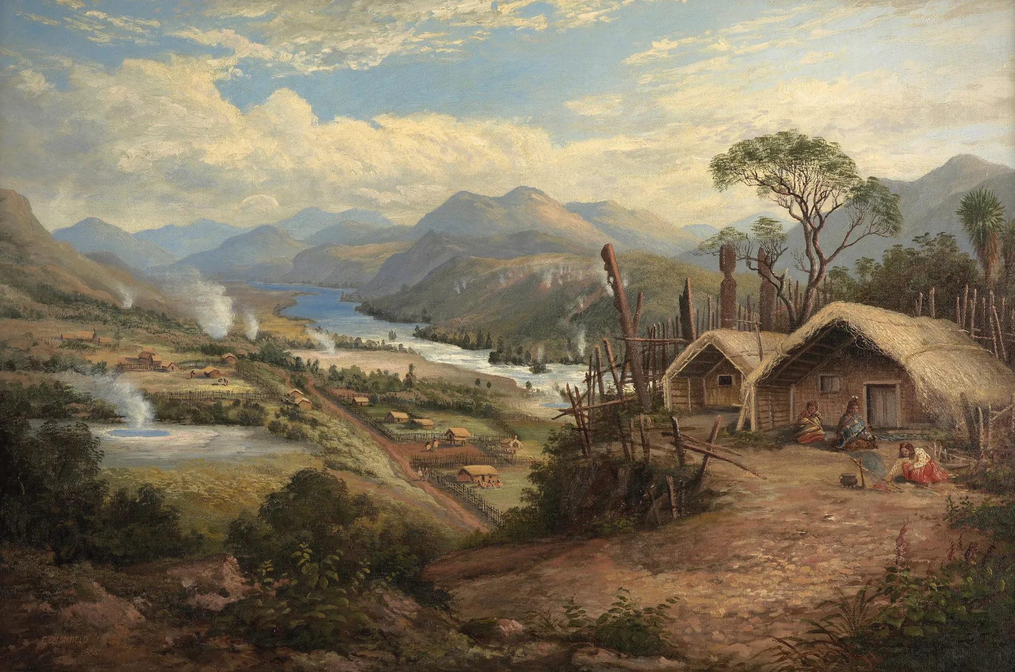 Orakei Korako on the Waikato Orakei Korako on the Waikato by Charles Blomfield. An expansive 19th-century landscape featuring a Maori village, thatched dwellings, and geothermal steam rising by the Waikato River.
