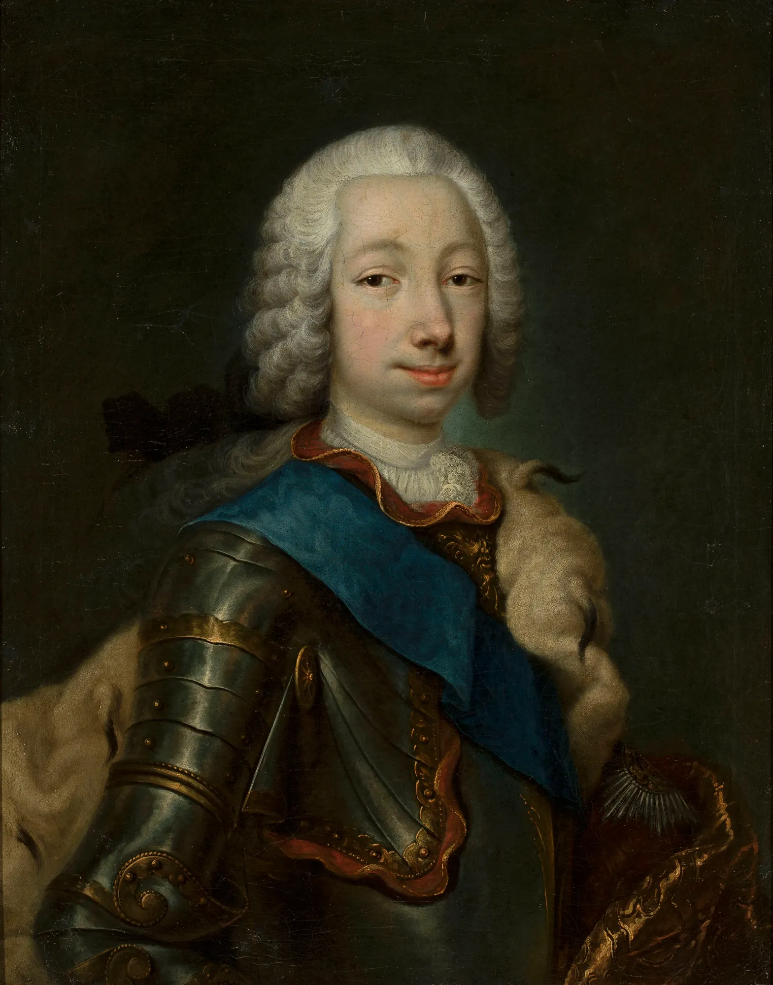 Portrait of Prince Peter Fyodorovich Portrait of Prince Peter Fyodorovich by Georg Cristoph Grooth. A half-length portrait of a young man in polished metal armor, wearing a powdered wig and a vibrant blue sash against a dark background.