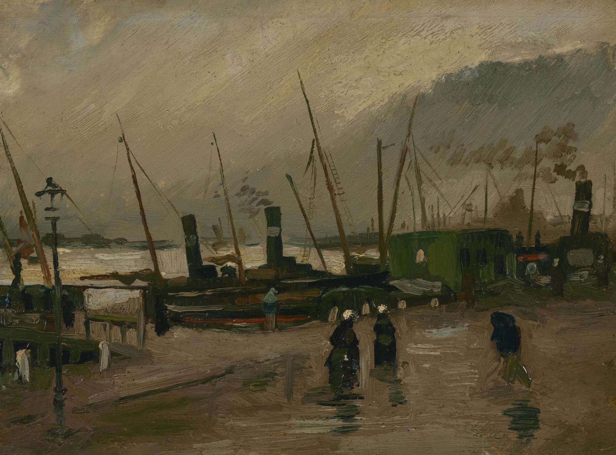 The De Ruijterkade in Amsterdam The De Ruijterkade in Amsterdam by Vincent van Gogh. An impressionistic harbor scene in muted tones featuring steamships, sailing masts, and figures walking on a wet quay under an overcast sky.
