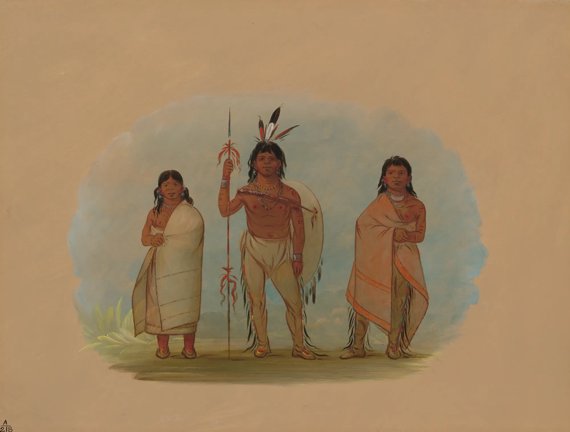 Ottawa Chief, His Wife, and a Warrior Ottawa Chief, His Wife, and a Warrior by George Catlin. A full-length portrait depicting an Ottawa chief with a spear and shield, flanked by his wife and a warrior, set against a soft blue vignette.