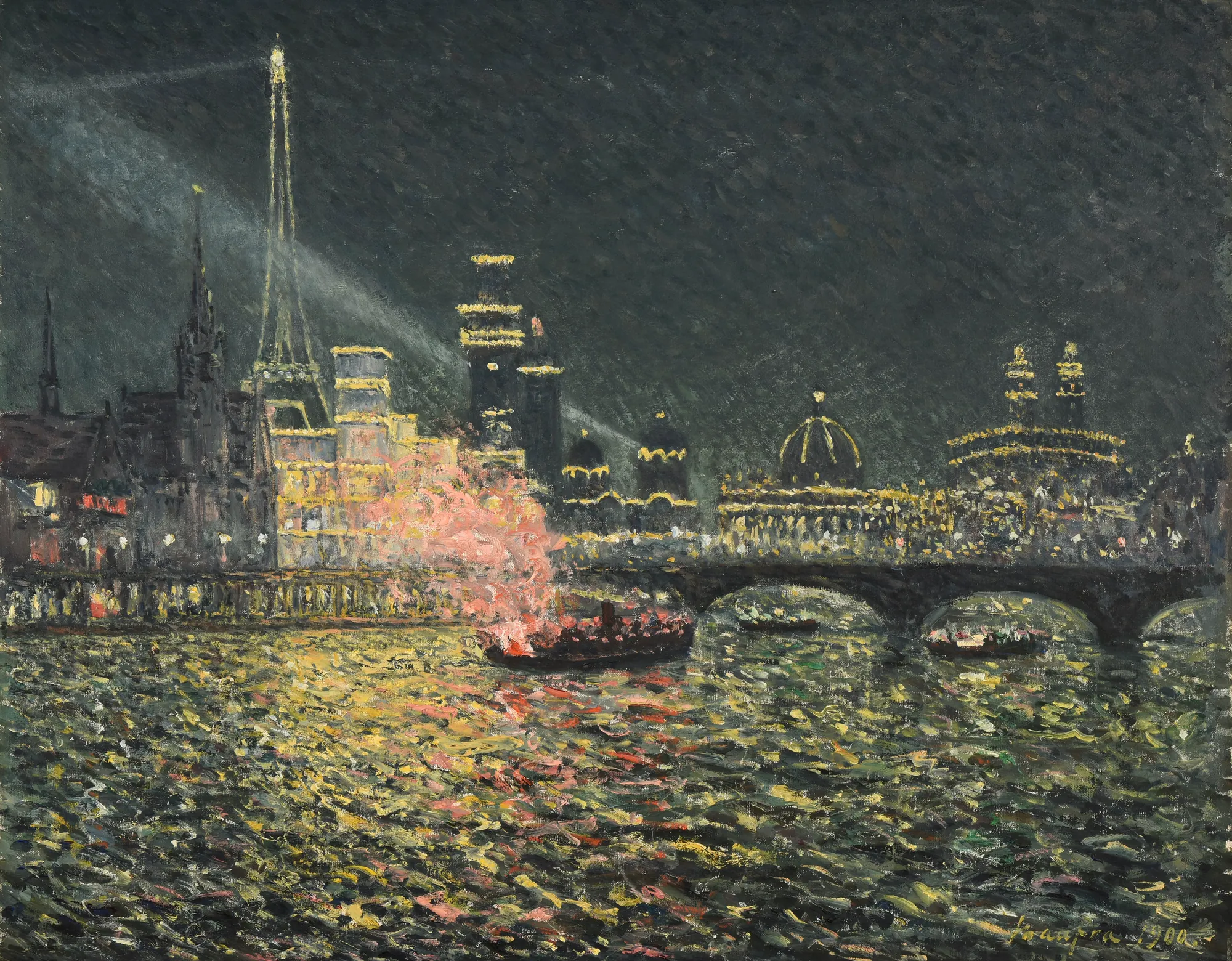 Nocturnal Fairy: 1900 Paris World's Fair Nocturnal Fairy: 1900 Paris World's Fair by Maxime Maufra. An impressionistic nocturnal view of the illuminated 1900 Paris World's Fair pavilions along the Seine, featuring the Eiffel Tower and a boat emitting pink smoke.