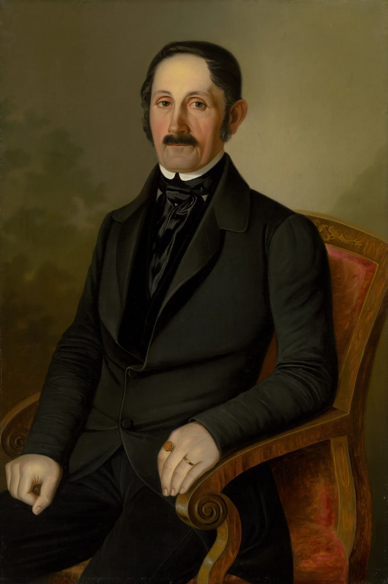 Portrait of Samuel Ballo Portrait of Samuel Ballo by Peter Michal Bohúň. A formal half-length portrait of a man with a mustache and dark hair, wearing a black suit and cravat, seated in an upholstered armchair.