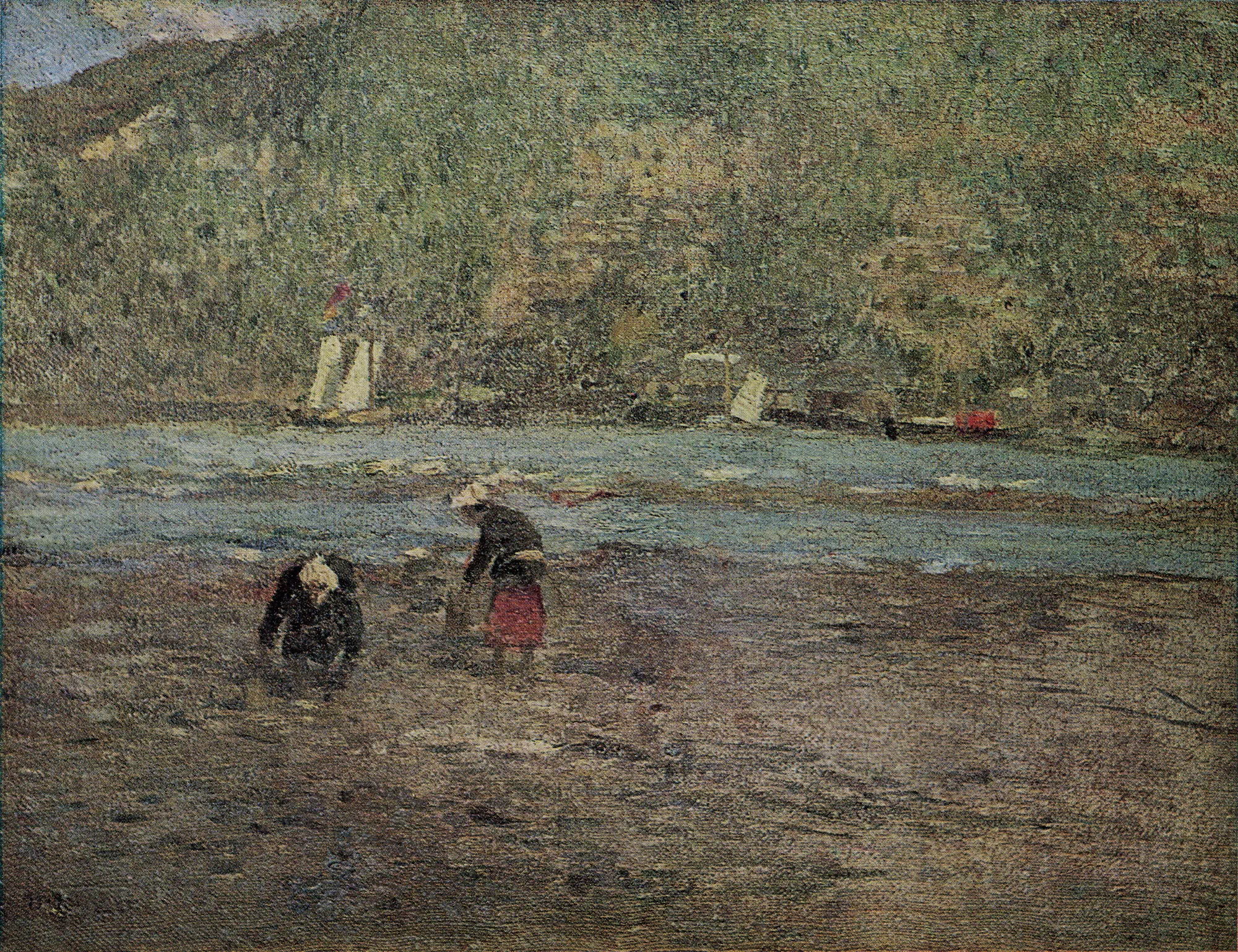 Landscape in Amakusa Landscape in Amakusa by Shigeru Aoki. A textured coastal scene depicting two figures on a dark shore, with sailboats in the mid-ground and a steep, verdant hillside in the distance.