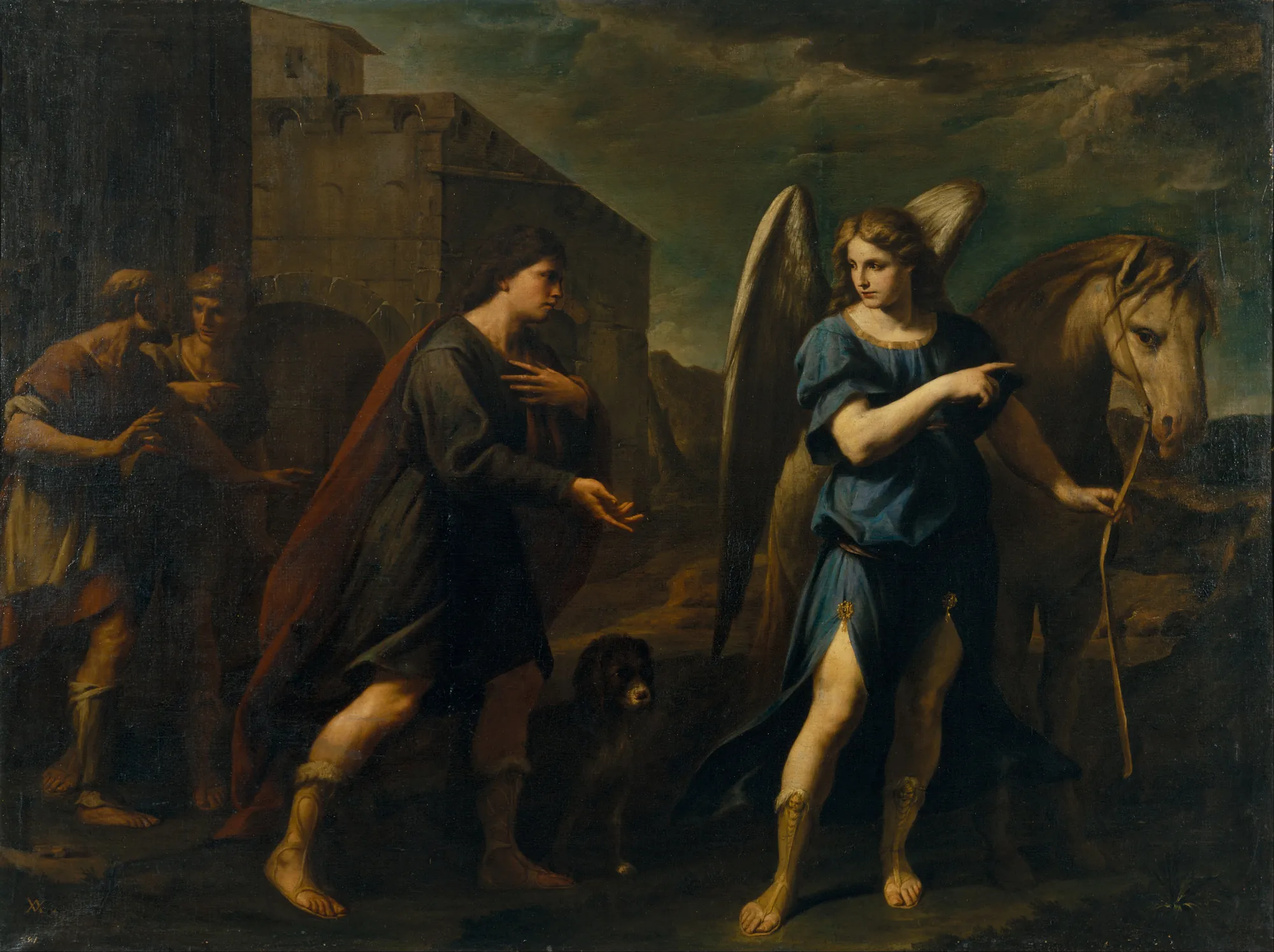 Tobias Meets the Archangel Raphael Tobias Meets the Archangel Raphael by Andrea Vaccaro. A dramatic biblical scene depicting Tobias meeting the winged Archangel Raphael, who holds a horse while pointing the way, accompanied by a small dog.