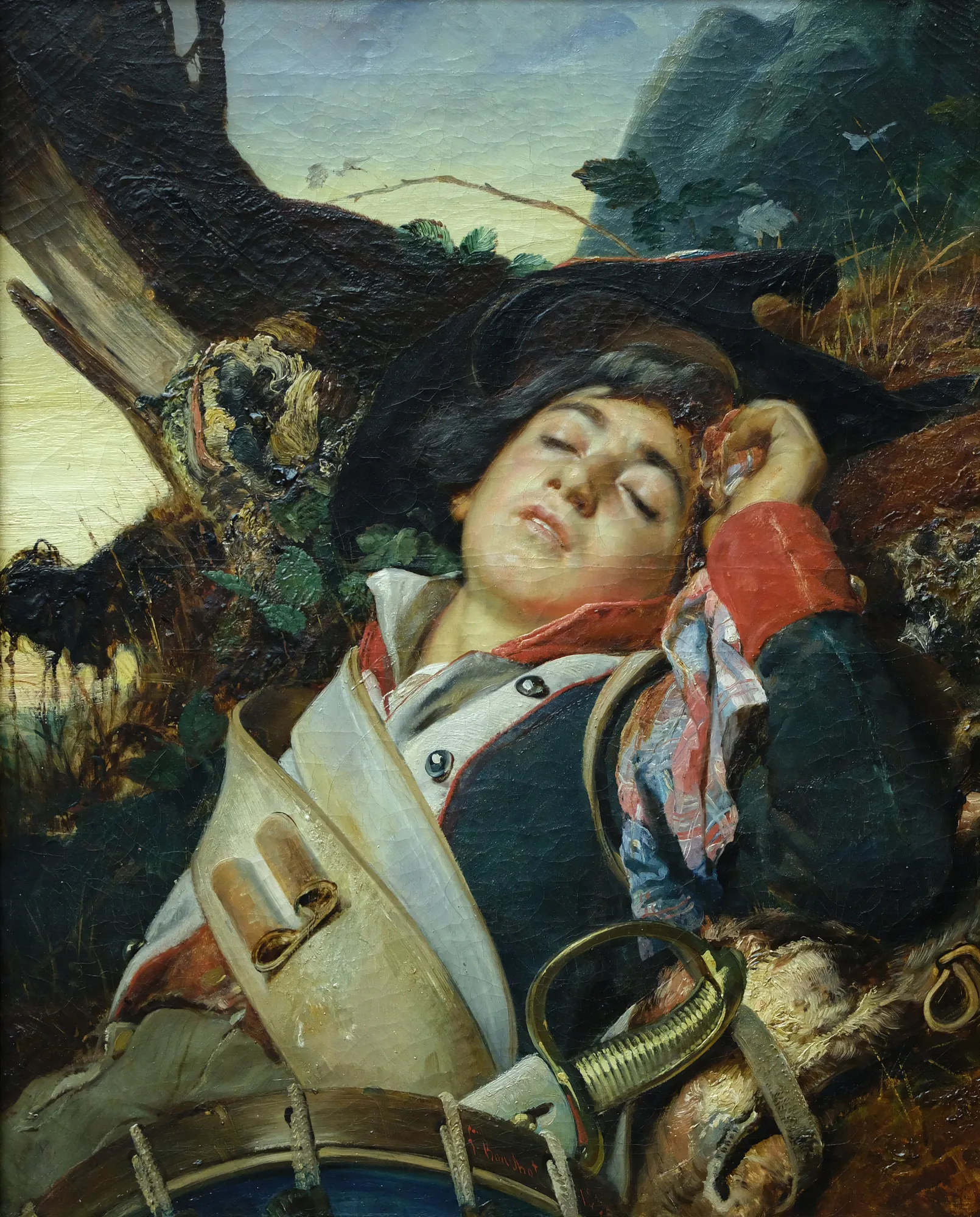 The Wounded Drummer The Wounded Drummer by François Bouchot. A young drummer boy in a French Napoleonic-era uniform sits leaning against a tree stump, appearing to sleep or rest in a mountain landscape.