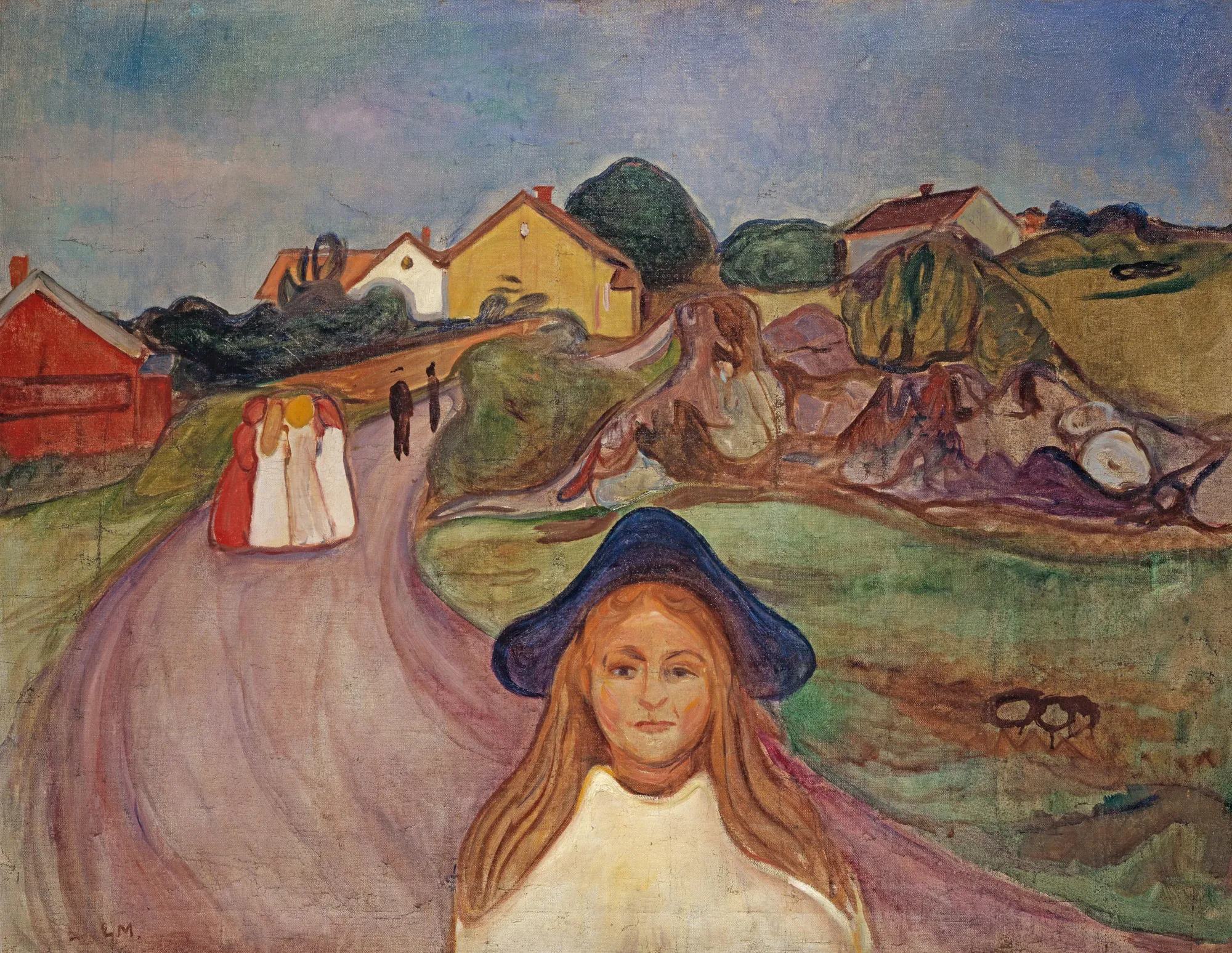Street in Åsgårdstrand Street in Åsgårdstrand by Edvard Munch. A young girl with long reddish-blonde hair and a wide-brimmed blue hat stands in the foreground, while a winding purple-toned road leads past figures and colorful houses.