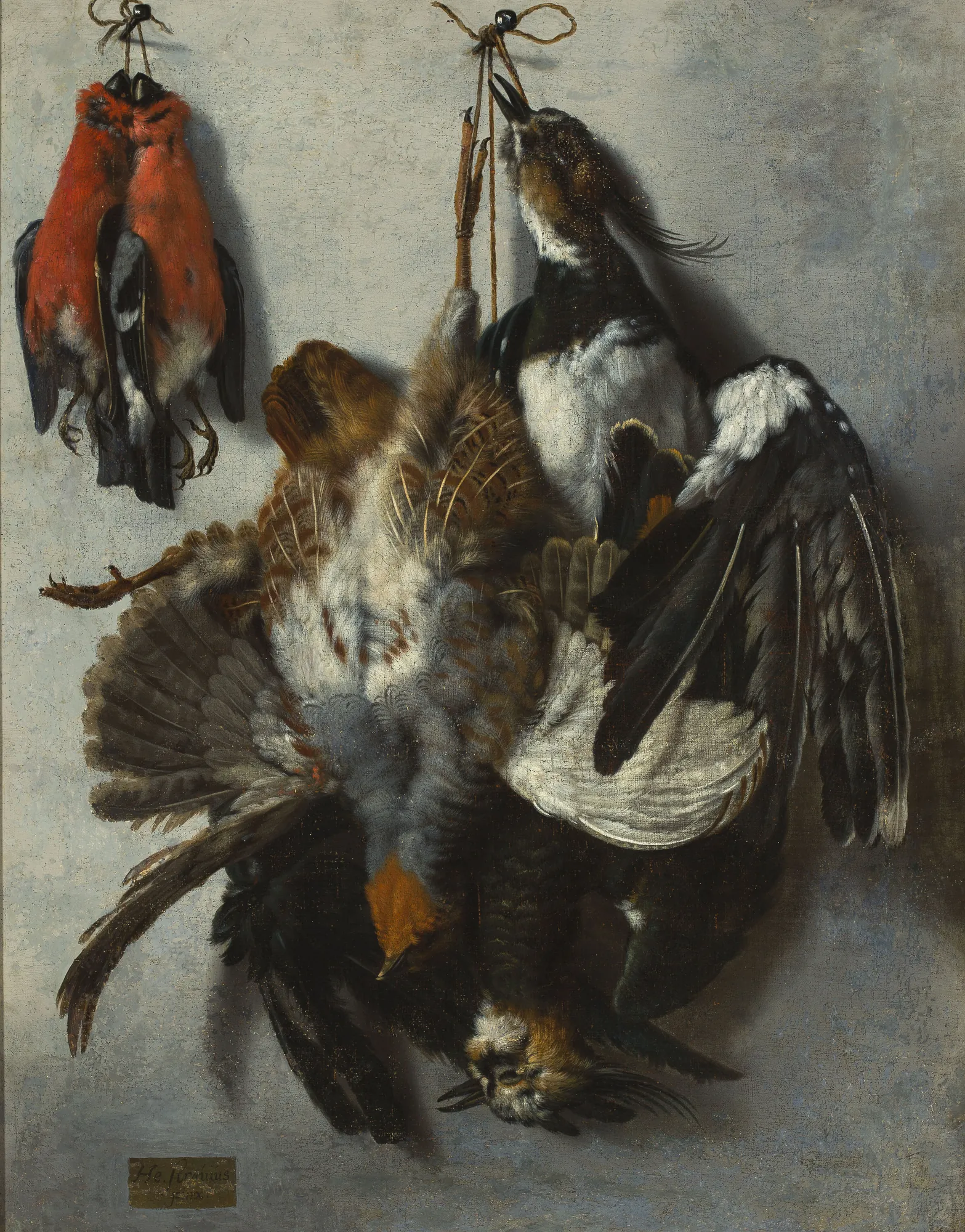 Hunting Trophies with Waxwings Hunting Trophies with Waxwings by Hinrich Stravius. A group of game birds, including vibrant red bullfinches and a lapwing, are suspended by twine from nails against a neutral plaster wall.