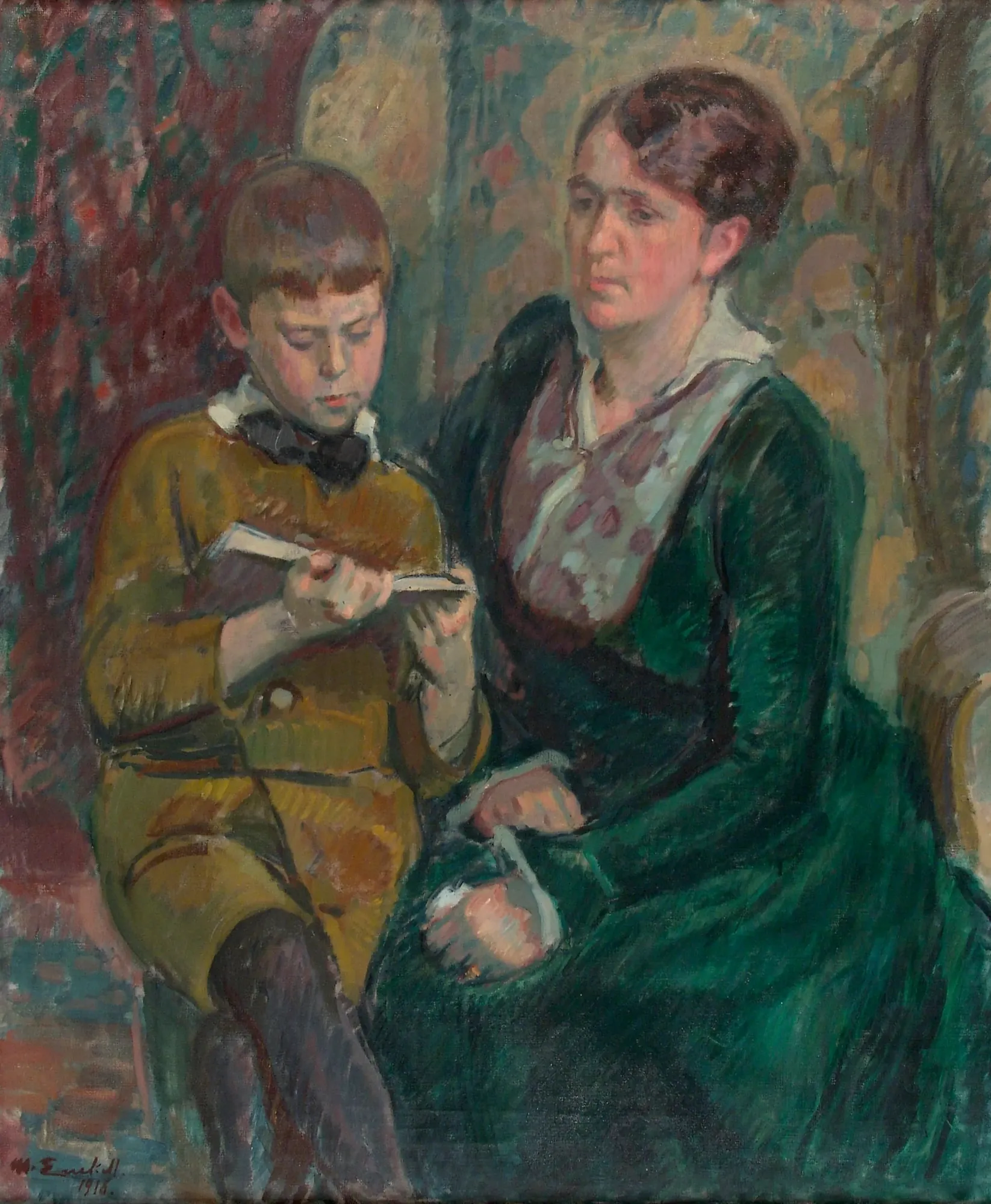 Mrs. Esther Cederhvarf with Her Son Mrs. Esther Cederhvarf with Her Son by Magnus Enckell. A portrait of a woman in a dark green dress sitting next to a young boy in a mustard-yellow suit who is reading a book.