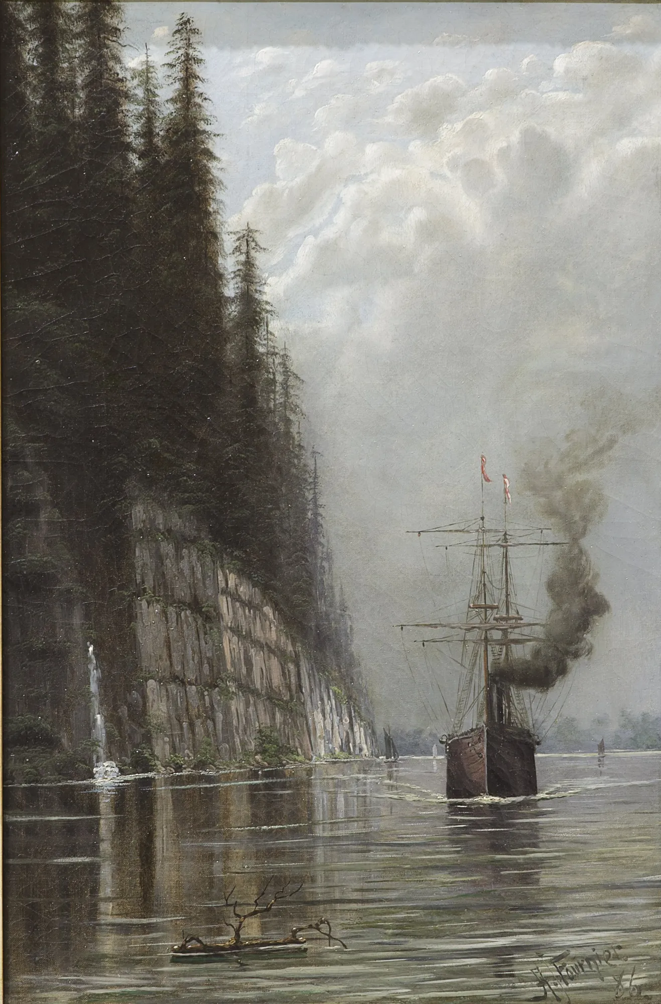 Off the Coast (Lake Superior) Off the Coast (Lake Superior) by Alexis Jean Fournier. A large steamship navigates a calm body of water past a towering, pine-topped cliff under a cloudy sky.