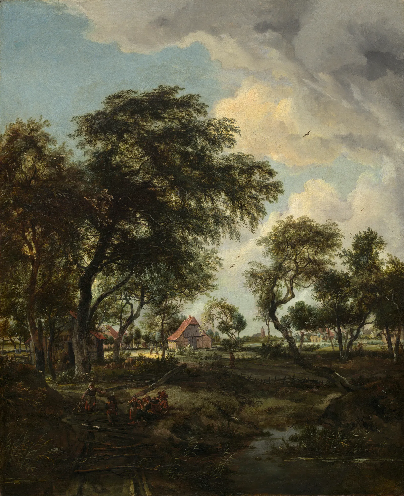 A Farm in the Sunlight A Farm in the Sunlight by Meindert Hobbema. A rural farm building is partially illuminated by bright sunlight while nestled among tall, dense trees under a dramatic, cloud-filled sky.