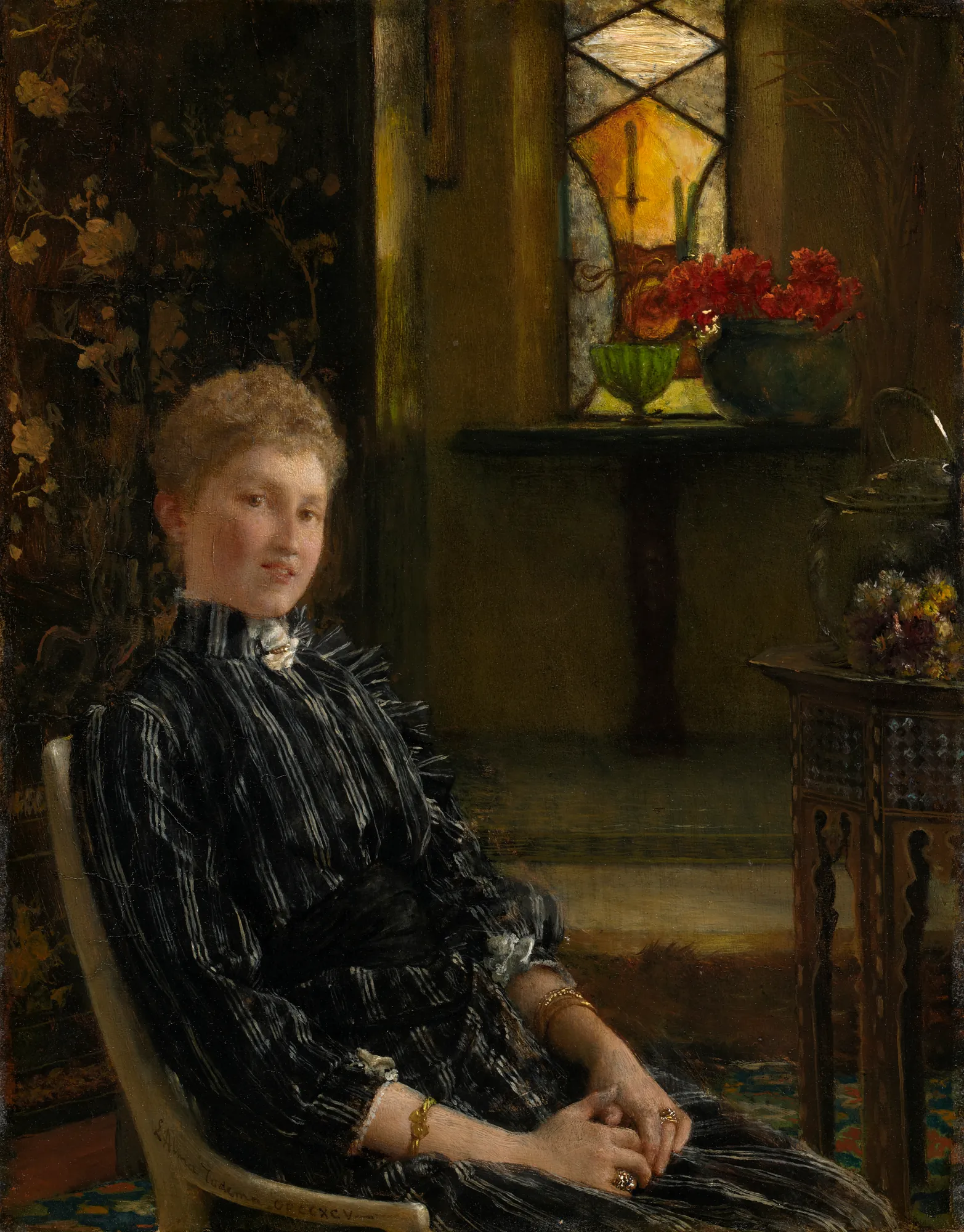 Portrait of Mrs. Ralph Sneyd Portrait of Mrs. Ralph Sneyd by Lawrence Alma-Tadema. A seated woman in a dark striped dress is depicted in a moody Victorian interior with a stained-glass window and floral arrangements.