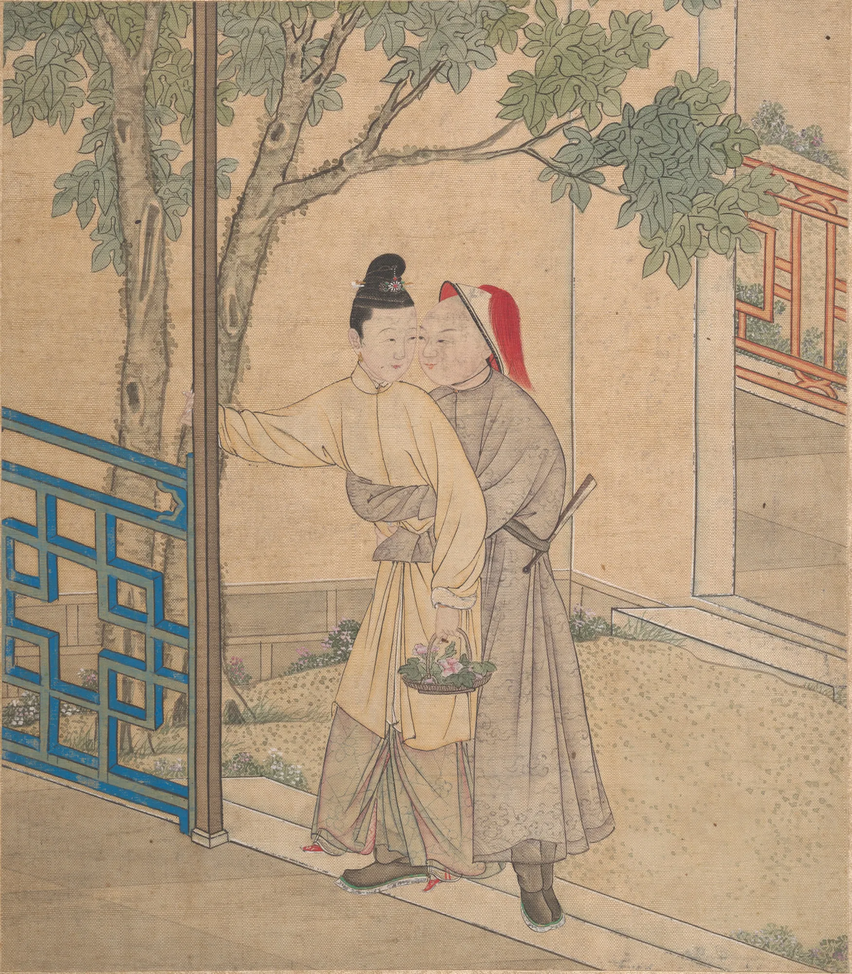 Spring Pictures Spring Pictures by Unknown Artist. A traditional Chinese ink and color painting depicting a man embracing a woman from behind in a garden with a leafy tree and blue lattice fence.