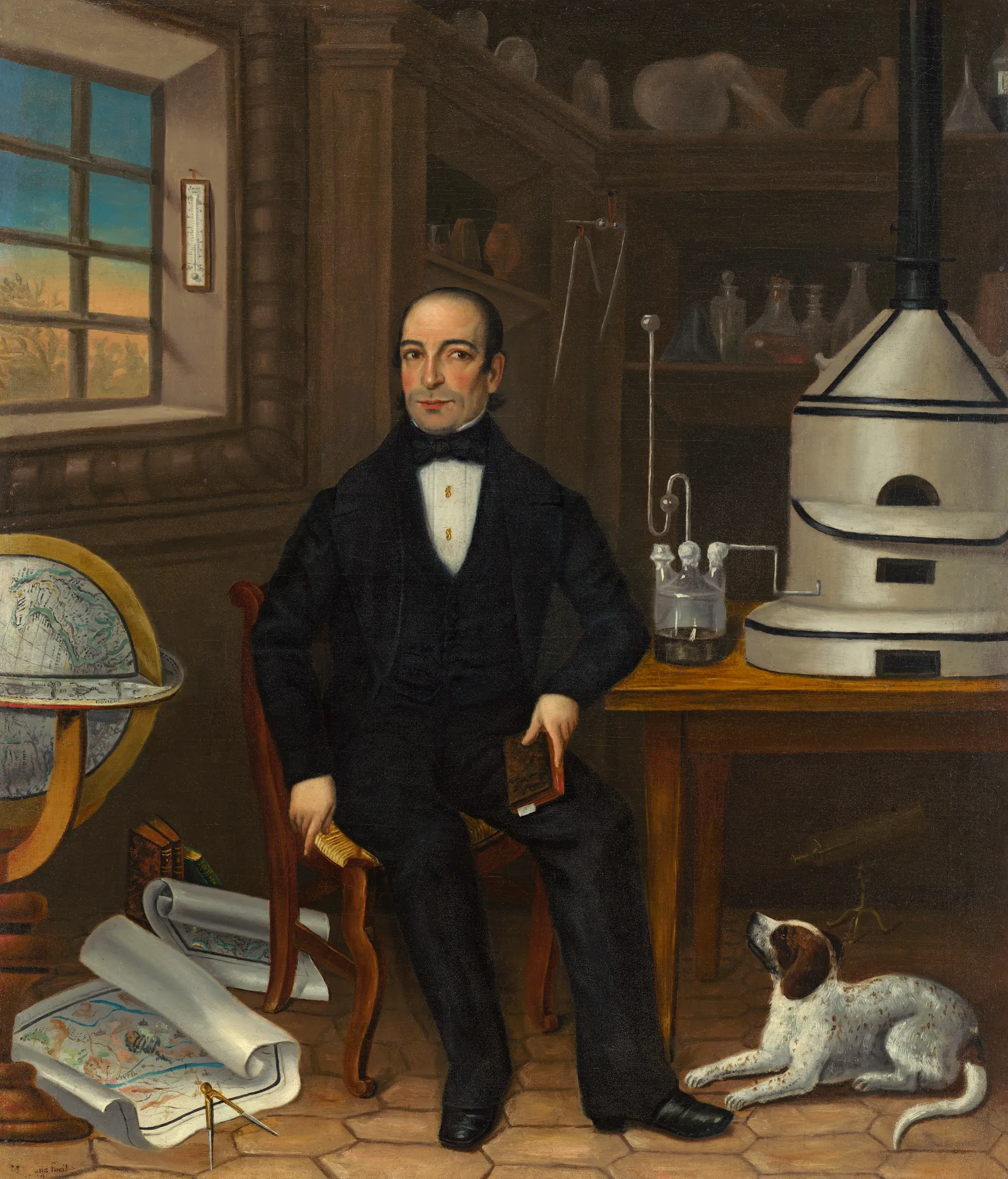 Man of Science Man of Science by Unknown Artist. A gentleman in a black suit sits in a scholarly interior surrounded by scientific apparatus, a globe, maps, and a faithful dog.