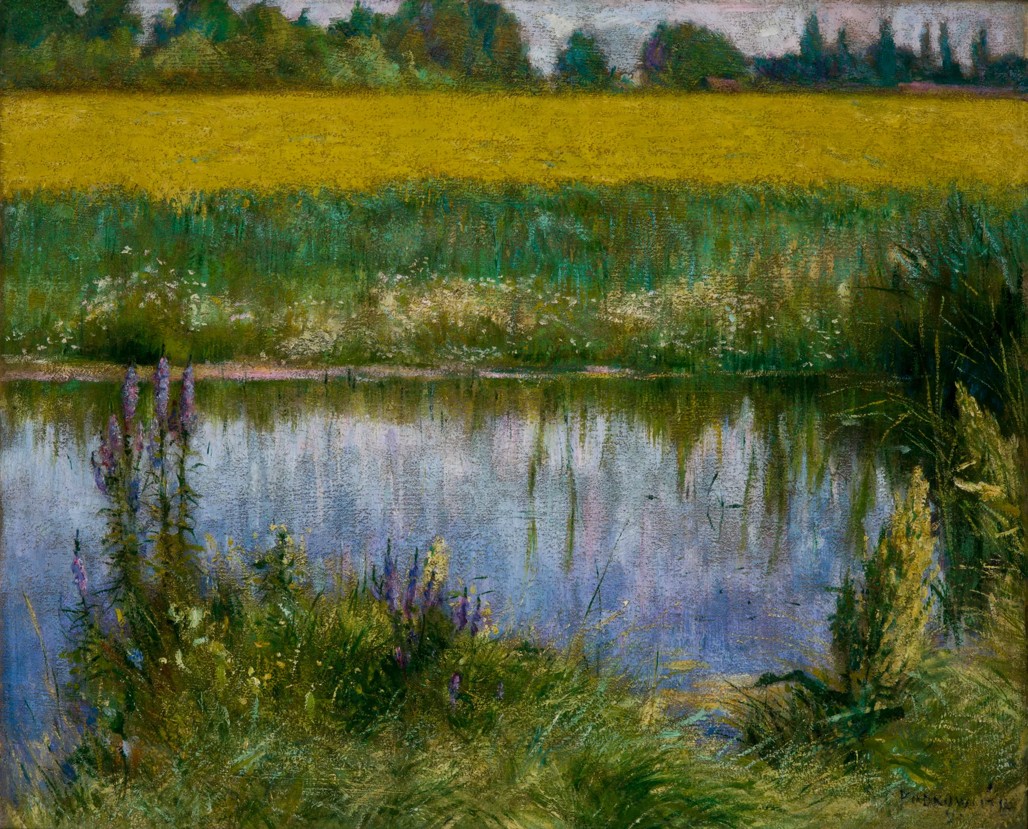 Field of Lupin Field of Lupin by Władysław Podkowiński. A vibrant impressionist landscape featuring a bright yellow field behind a reflecting pond with purple lupins in the foreground.