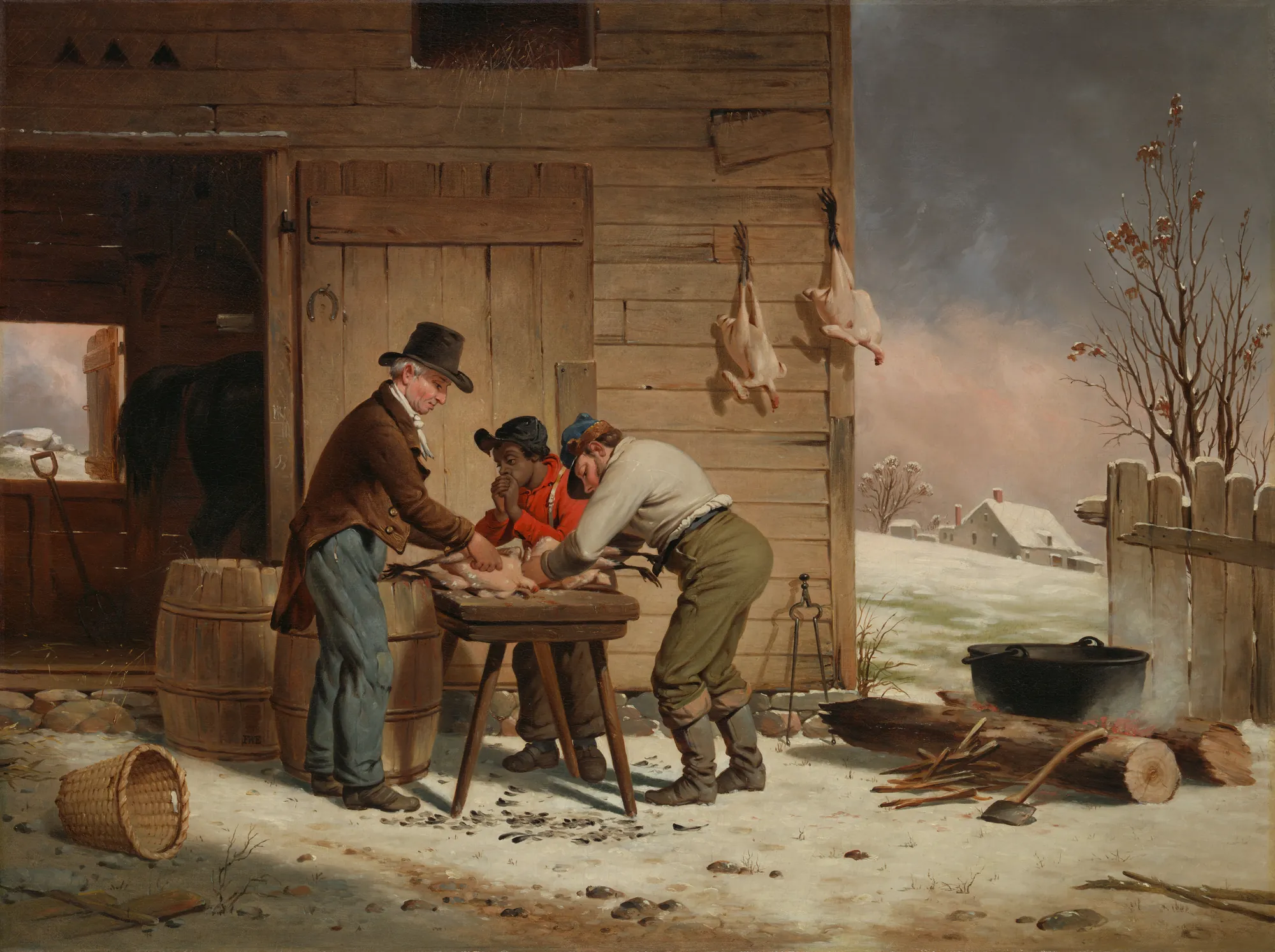 Preparing for Christmas (Plucking Turkeys) Preparing for Christmas (Plucking Turkeys) by Francis William Edmonds. Three men gather around a small wooden table outside a barn to pluck turkeys in a snowy landscape.
