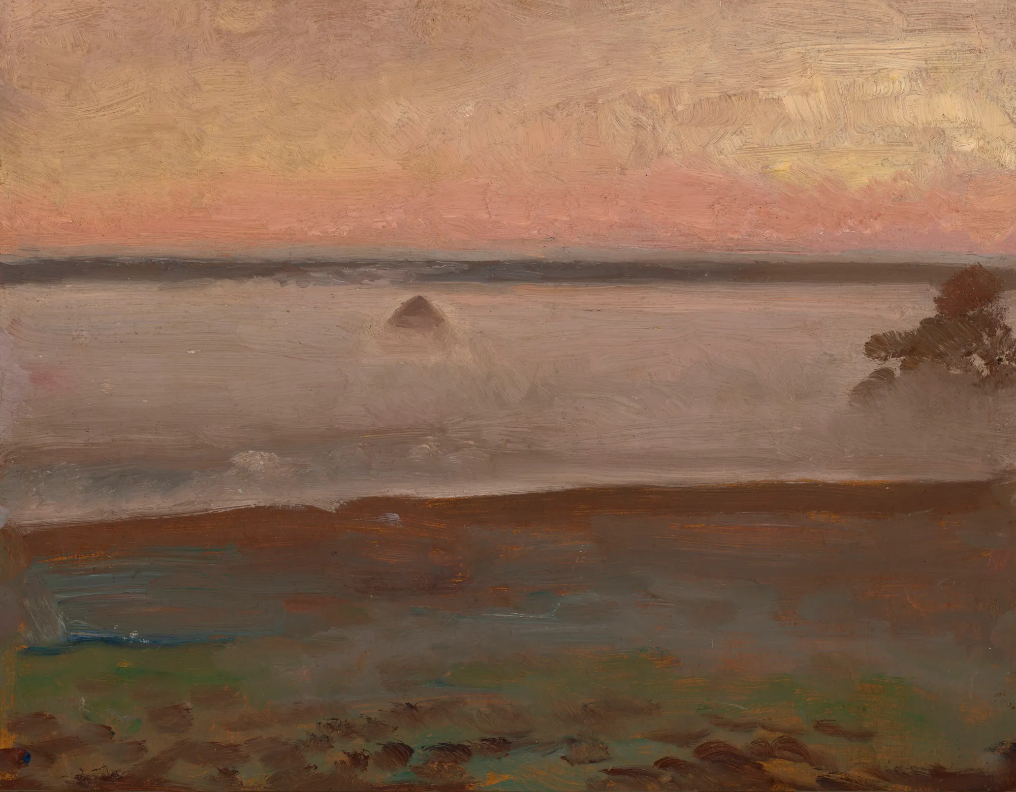 Morning Mists Morning Mists by Józef Chełmoński. An atmospheric landscape painting depicting a thick layer of morning mist settling over a low-lying field under a soft pinkish-grey sky.