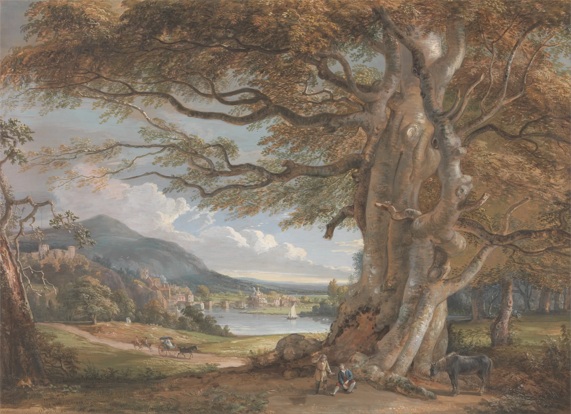 Bridgenorth, Shropshire Bridgenorth, Shropshire by Paul Sandby. A sprawling landscape dominated by a massive, gnarled ancient tree on the right, overlooking a river valley with a distant bridge, town, and rolling hills.