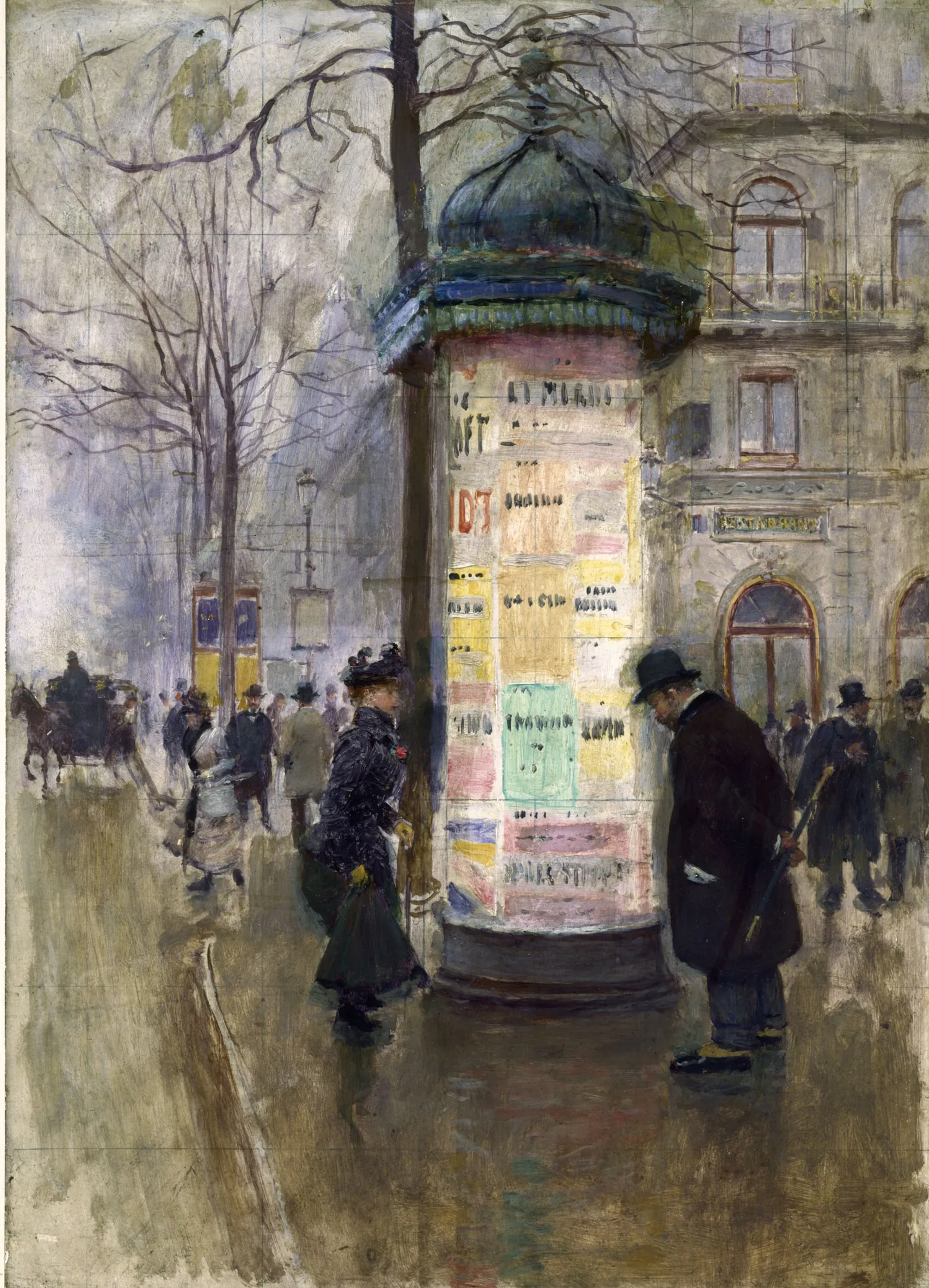 La colonne Morris La colonne Morris by Jean Béraud. An atmospheric street scene featuring several figures in late 19th-century attire gathered around an ornate green-domed advertising pillar in Paris.