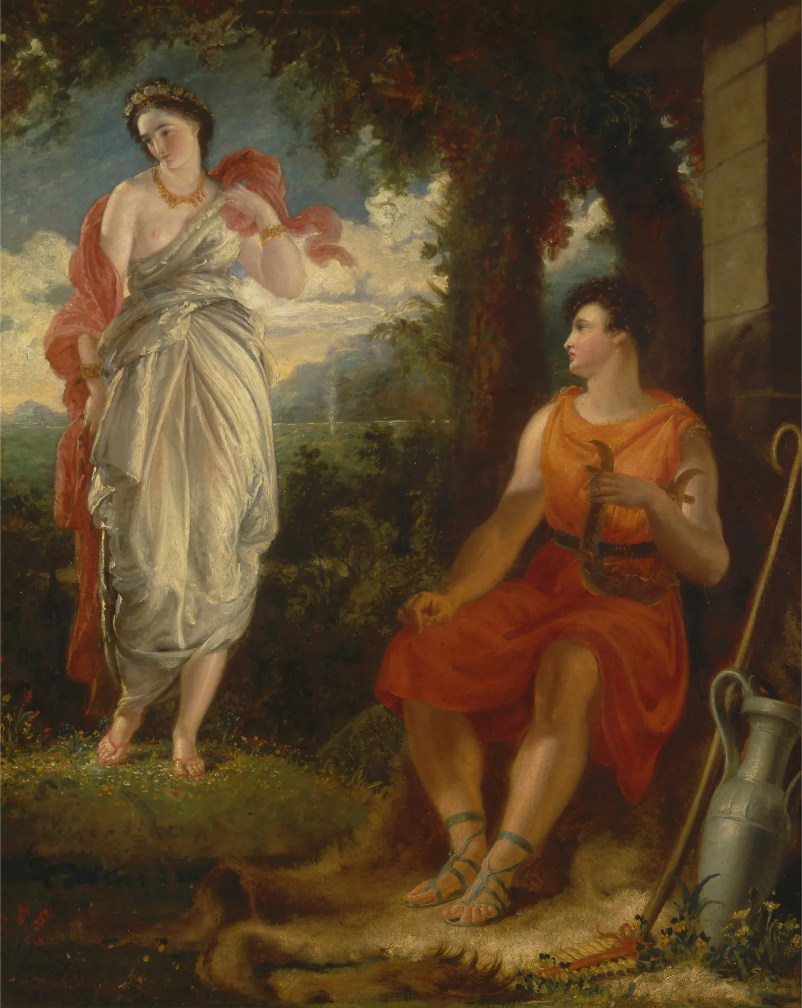 Venus and Anchises Venus and Anchises by Benjamin Haydon. Venus stands in classical white and red drapery before the seated Trojan hero Anchises in a lush, shadowed landscape.