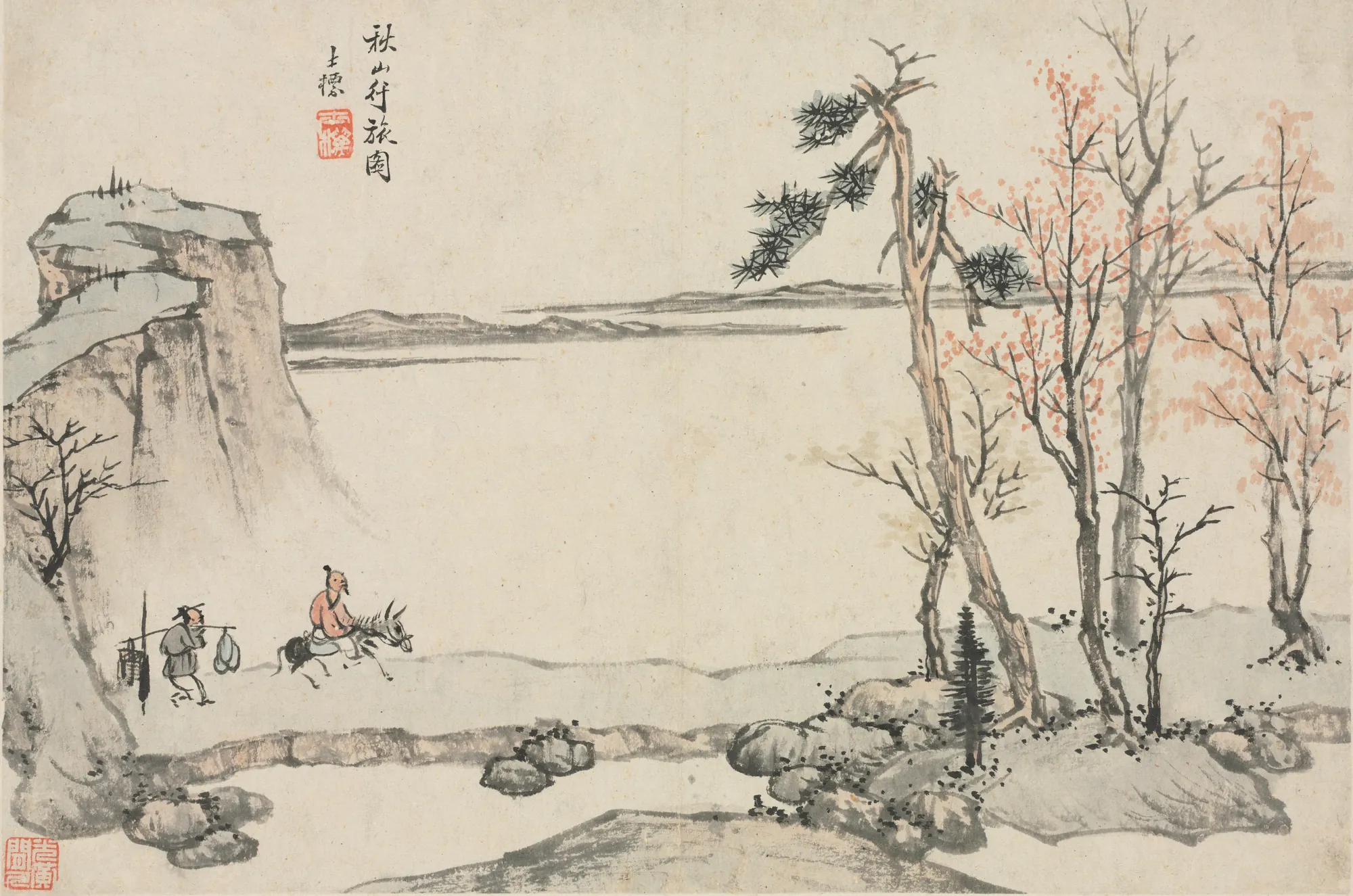 Traveling in Autumn Mountains Traveling in Autumn Mountains by Zha Shibiao. An ink and color landscape depicting two travelers, one on a donkey, passing through a sparse autumn terrain overlooking a misty body of water.