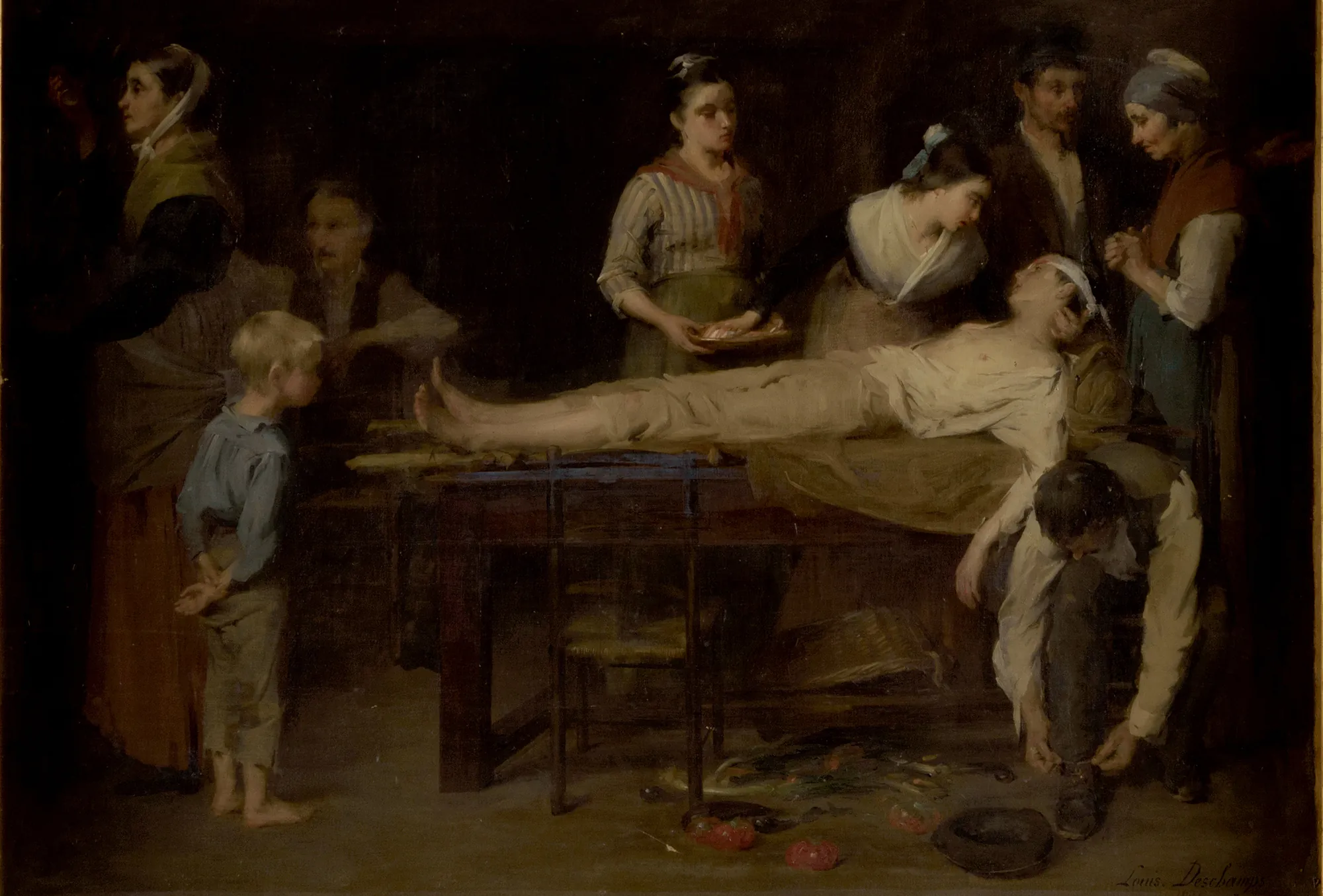 Vincent blessé Vincent blessé by Louis Deschamps. A somber 19th-century interior scene where a group of men, women, and a child gather around a wounded man lying on a wooden table.