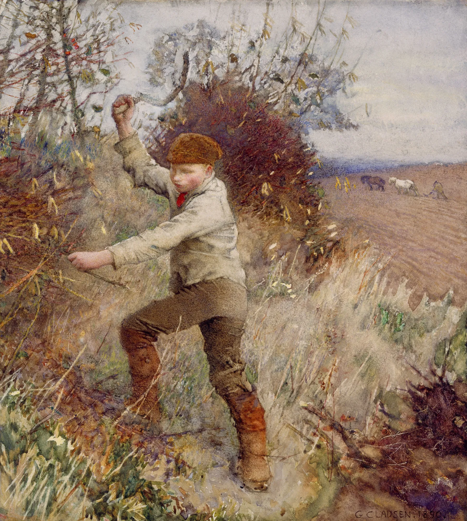 A Boy Cutting a Stick A Boy Cutting a Stick by George Clausen. A young boy in rustic attire and a brown cap is depicted in mid-action cutting a branch with a sickle in a sun-dappled field.