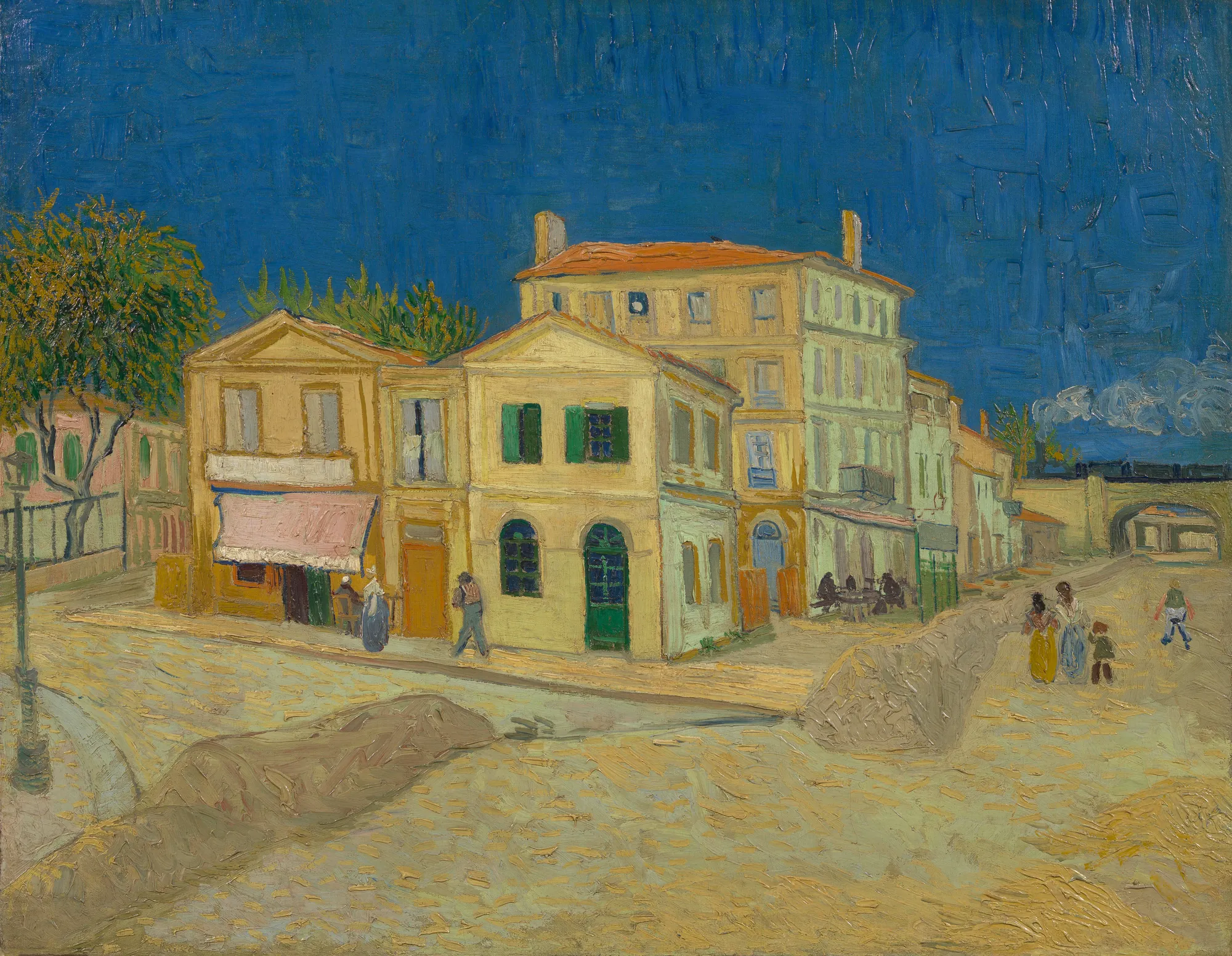 The Yellow House The Yellow House by Vincent van Gogh. A sunlit yellow corner house stands under a deep cobalt blue sky on a dusty street with distant figures and a train bridge.