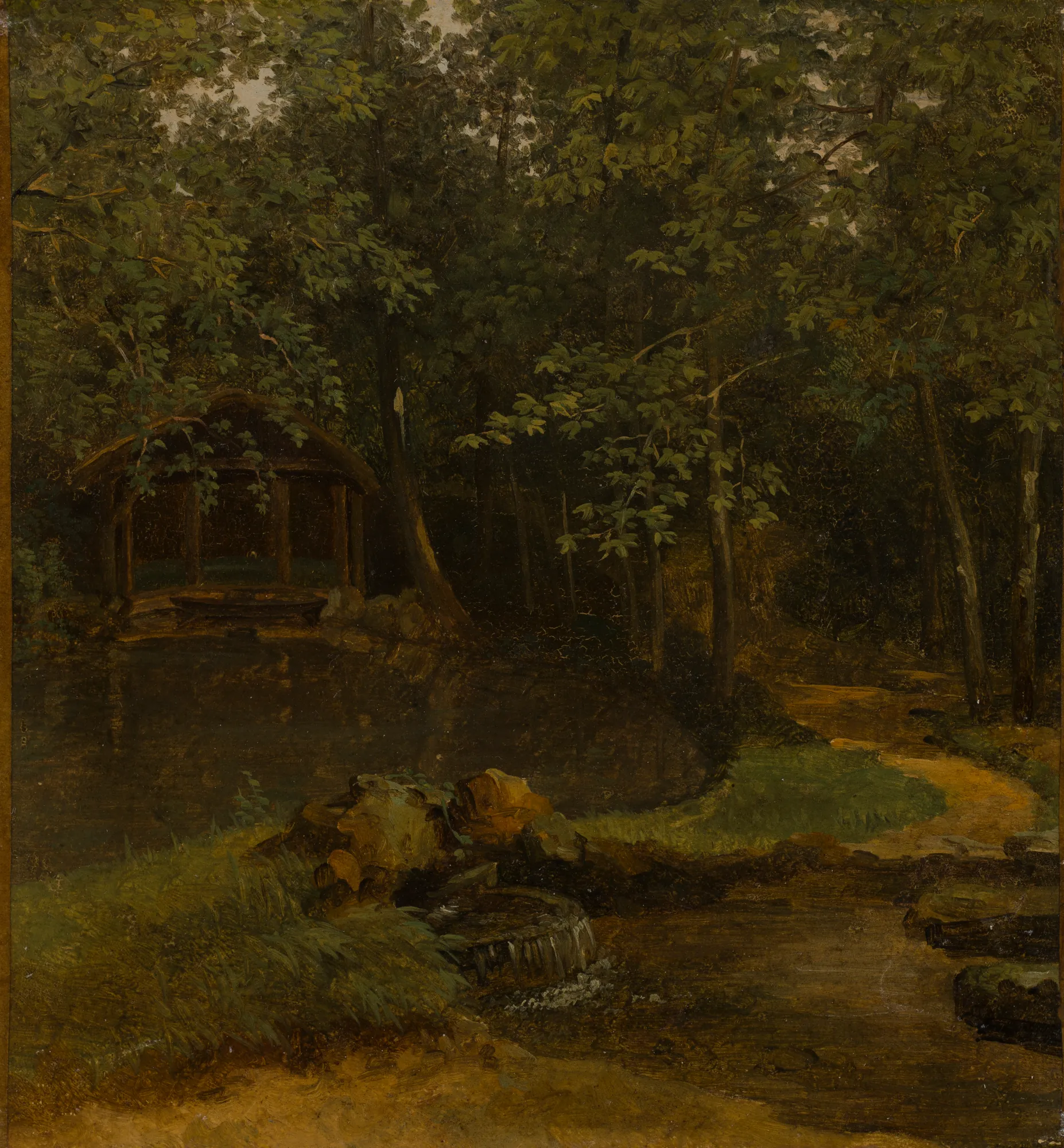View from Villa Borghese in Rome View from Villa Borghese in Rome by Pierre-Athanase Chauvin. A secluded wooded scene in Rome featuring a small structure beside a quiet pond and a winding forest path.