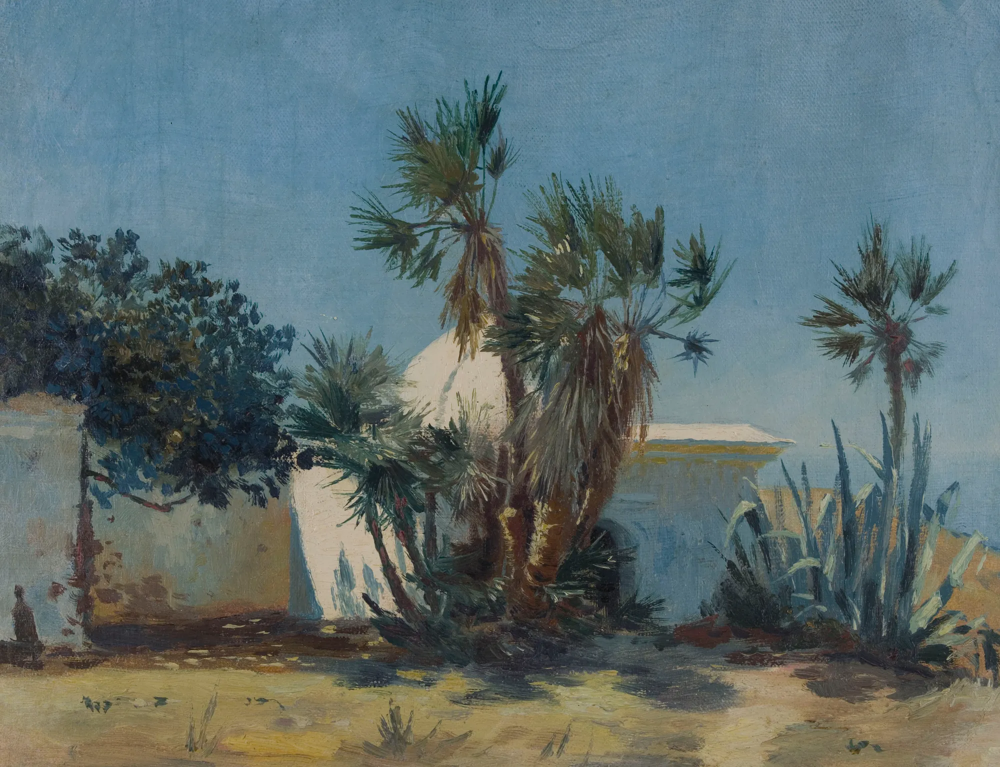 L'Oasis L'Oasis by Henry Brokmann. A landscape painting depicting palm trees and agave plants beside a white domed building under a blue sky.
