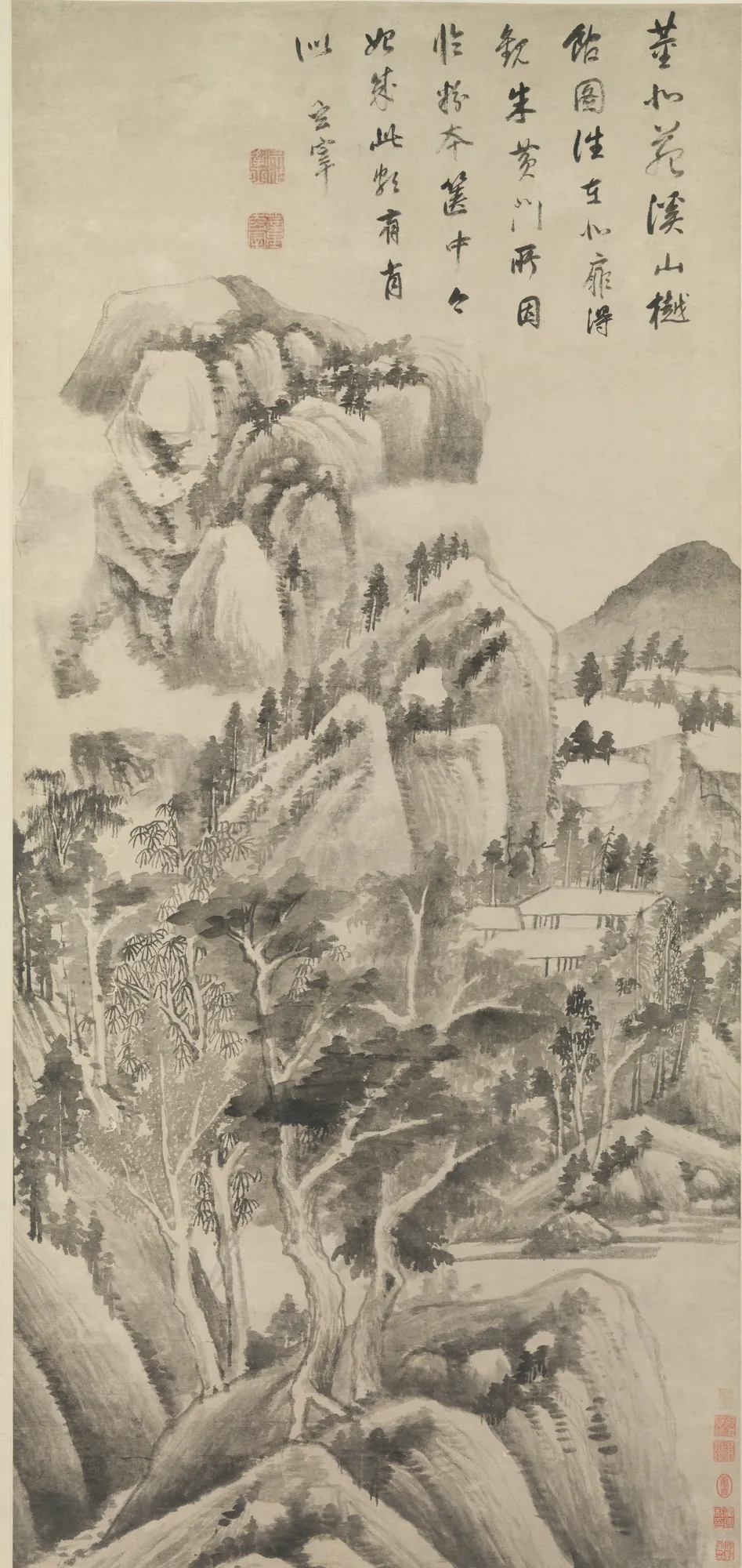 Shaded Dwellings among Streams and Mountains Shaded Dwellings among Streams and Mountains by Dong Qichang. A towering monochrome ink landscape featuring layered mountains, clusters of pine trees, and a small dwelling nestled in the valley.