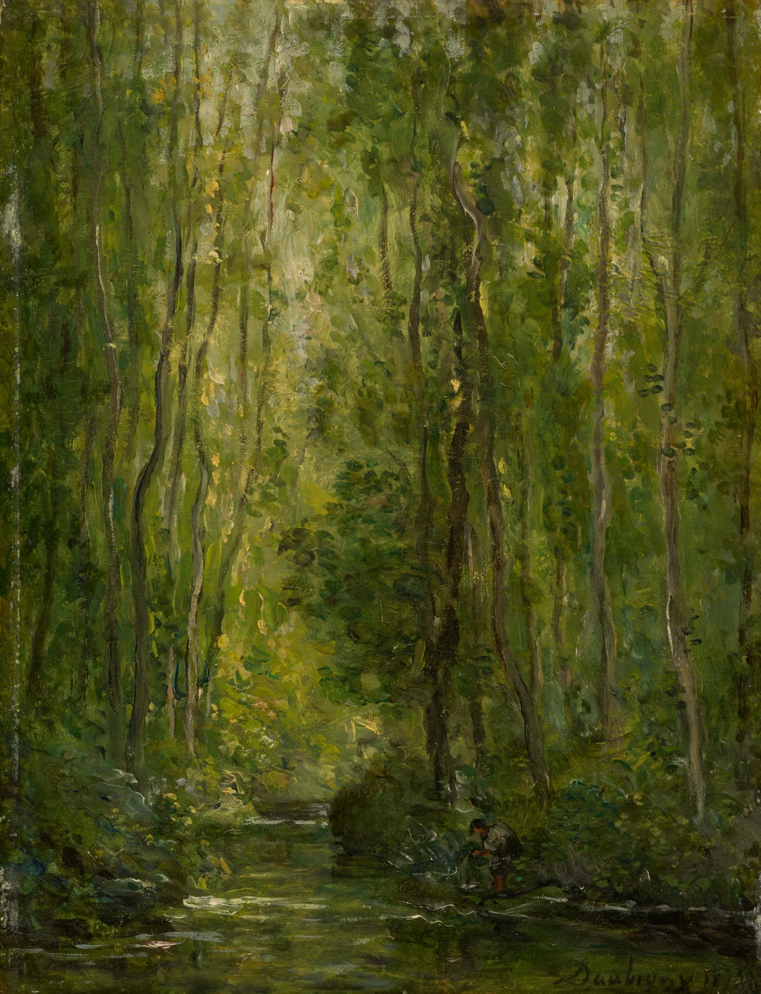 Woodland Scene Woodland Scene by Charles-François Daubigny. A lush, dense forest of tall, slender trees with sunlight filtering through the green canopy onto a small stream at the bottom.