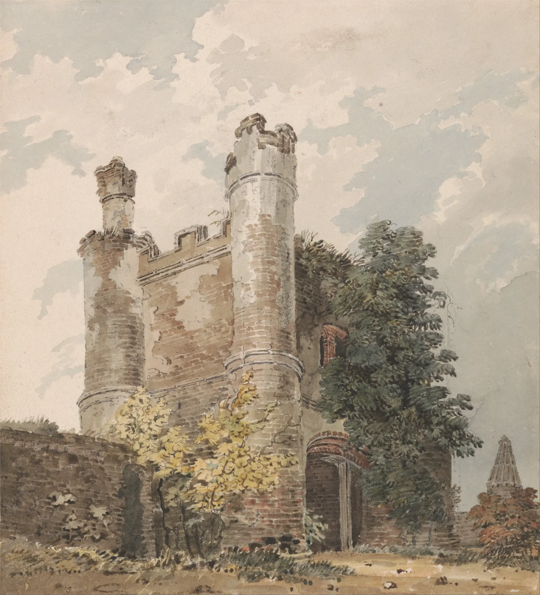 Tolleshunt-Beckingham, Essex Tolleshunt-Beckingham, Essex by Thomas Girtin. A watercolor painting of a ruined brick gatehouse with twin towers, partially covered in ivy under a soft, cloudy sky.