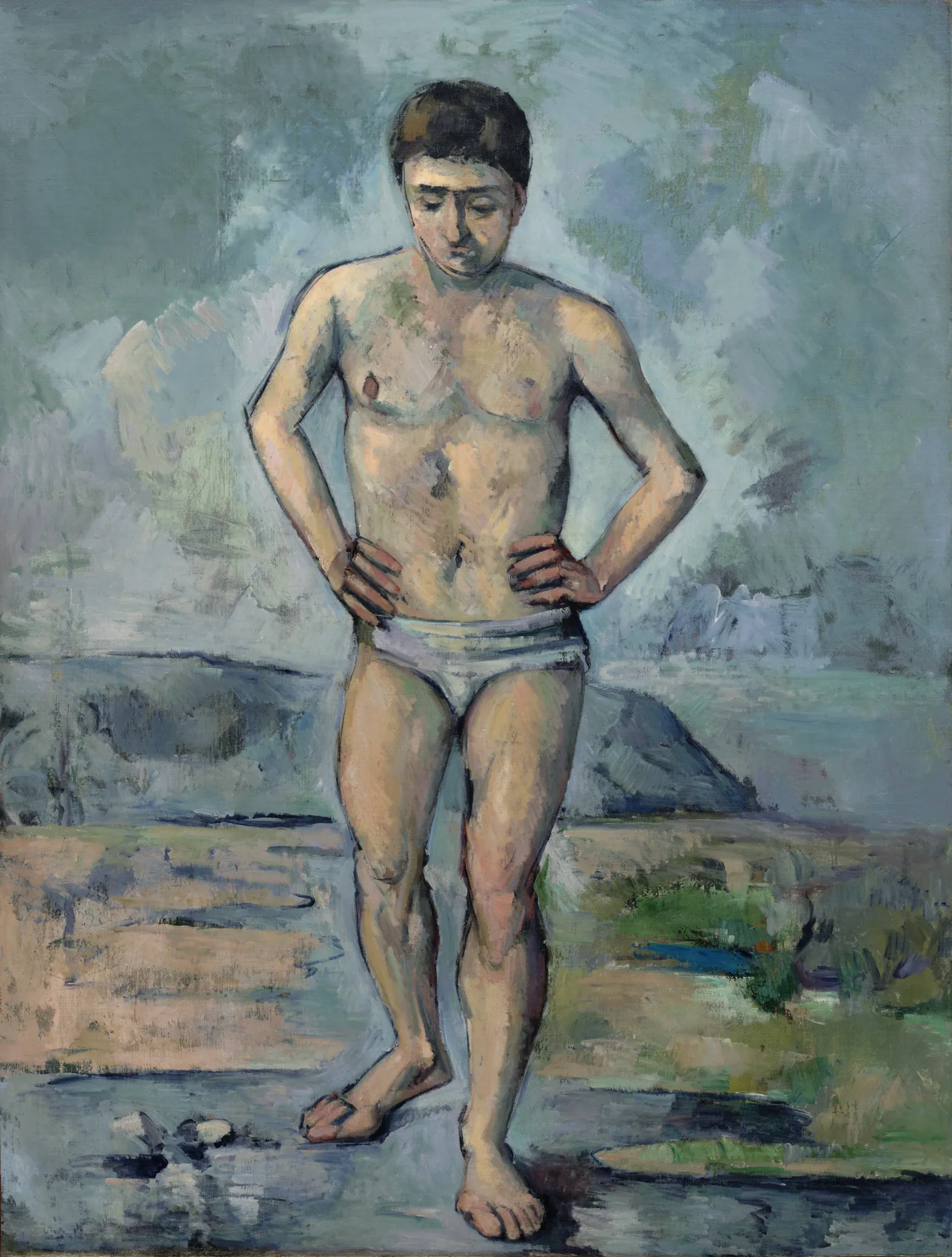 The Bather The Bather by Paul Cézanne. A young man in white swimming trunks stands in a contemplative pose against a backdrop of a simplified landscape and sky.