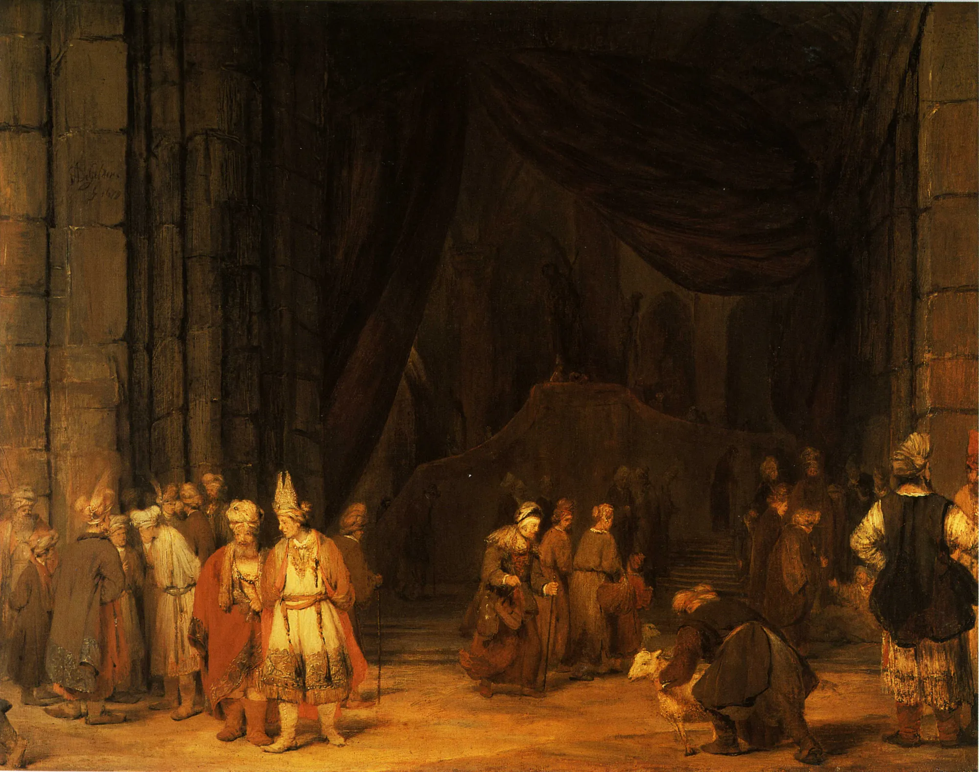 The Forecourt of the Temple The Forecourt of the Temple by Arent de Gelder. A group of figures in elaborate ancient-style robes gather in the shadows and pools of light within a vast, vaulted temple interior.