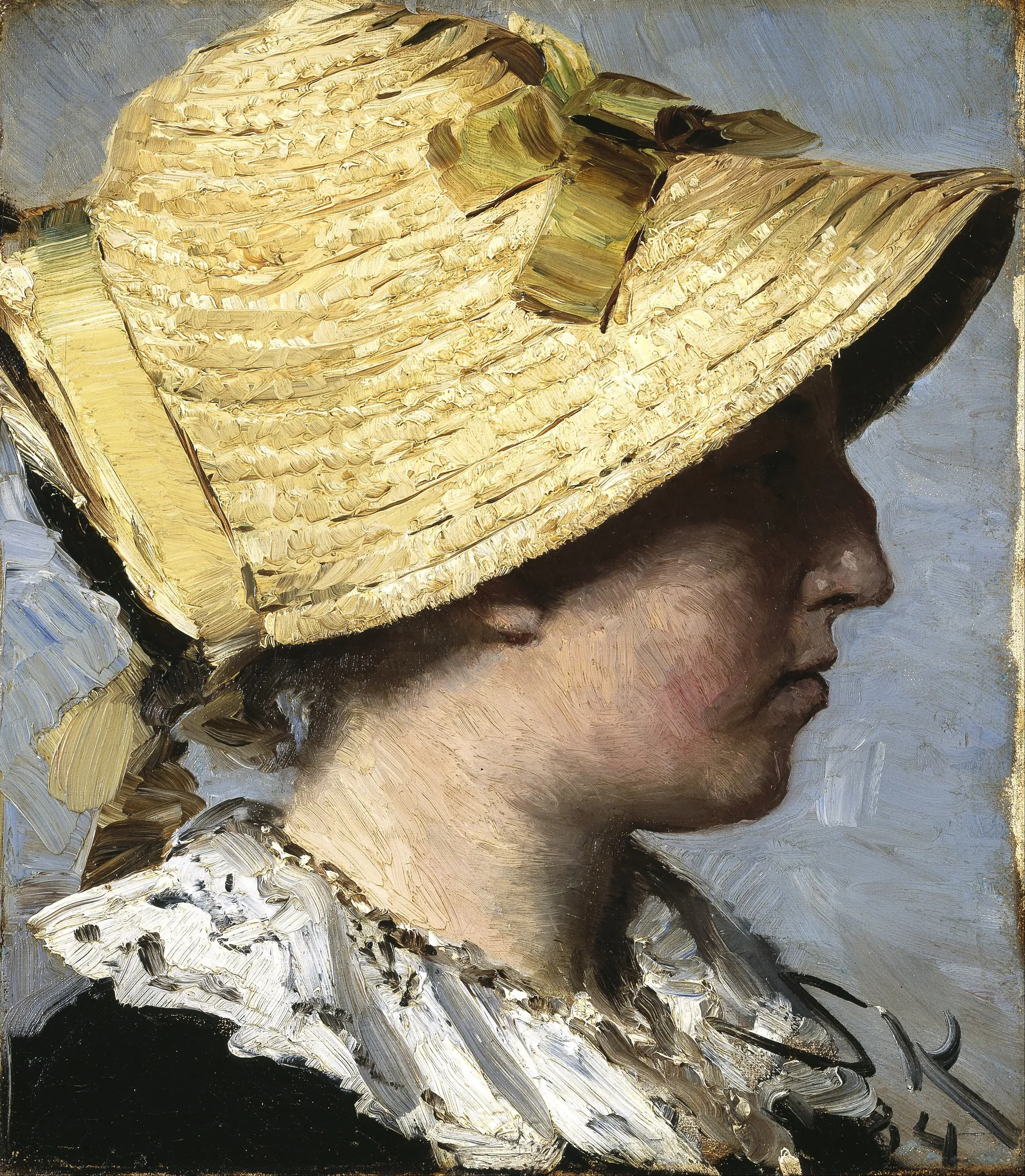 Anna Ancher Anna Ancher by Peder Severin Krøyer. A profile portrait of a woman wearing a wide-brimmed straw hat with a green ribbon, rendered with thick, visible brushstrokes against a light blue background.
