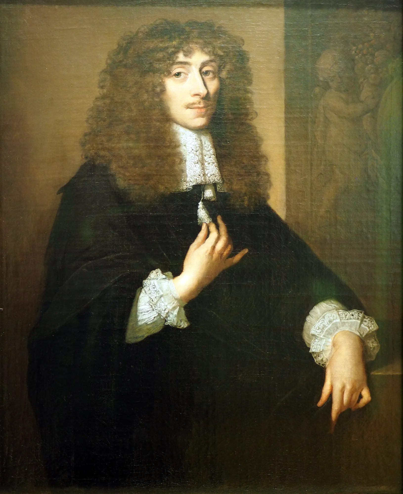 Portrait of Gerrit Bicker van Swieten Portrait of Gerrit Bicker van Swieten by Caspar Netscher. A waist-length portrait of a man with long, voluminous brown curls wearing a black mantle and intricate white lace cuffs and collar.