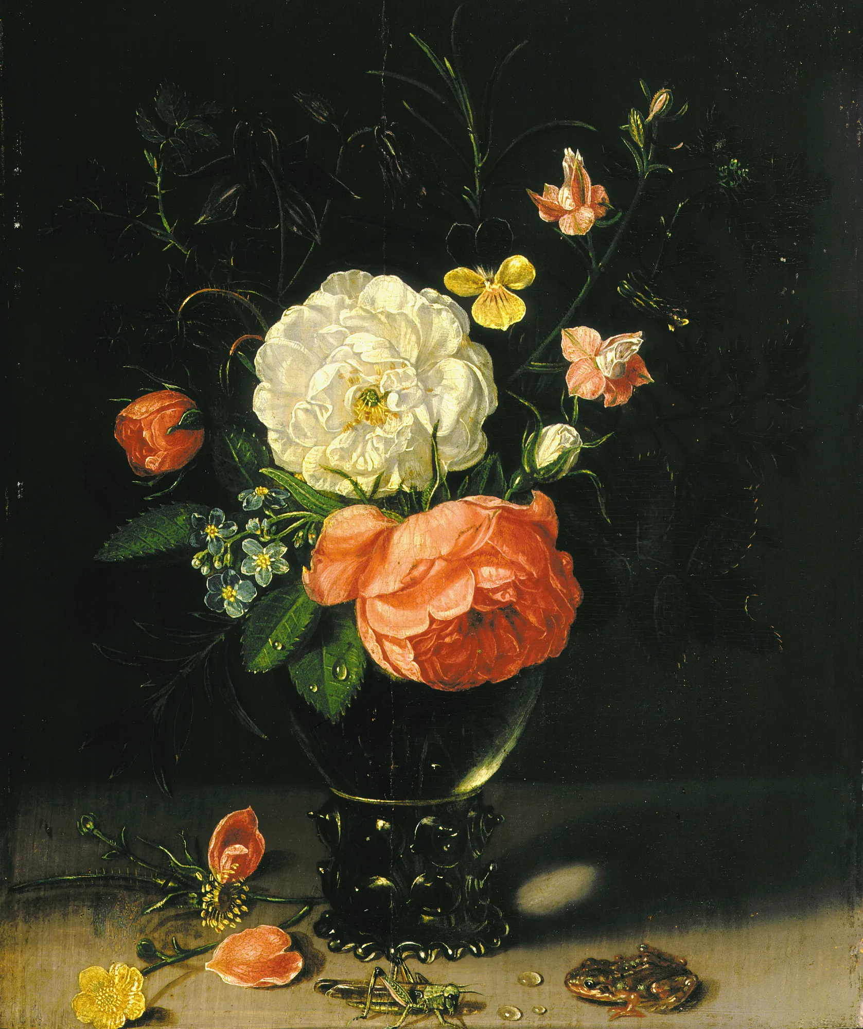 Flowers in a Roemer with a Frog and a Grasshopper