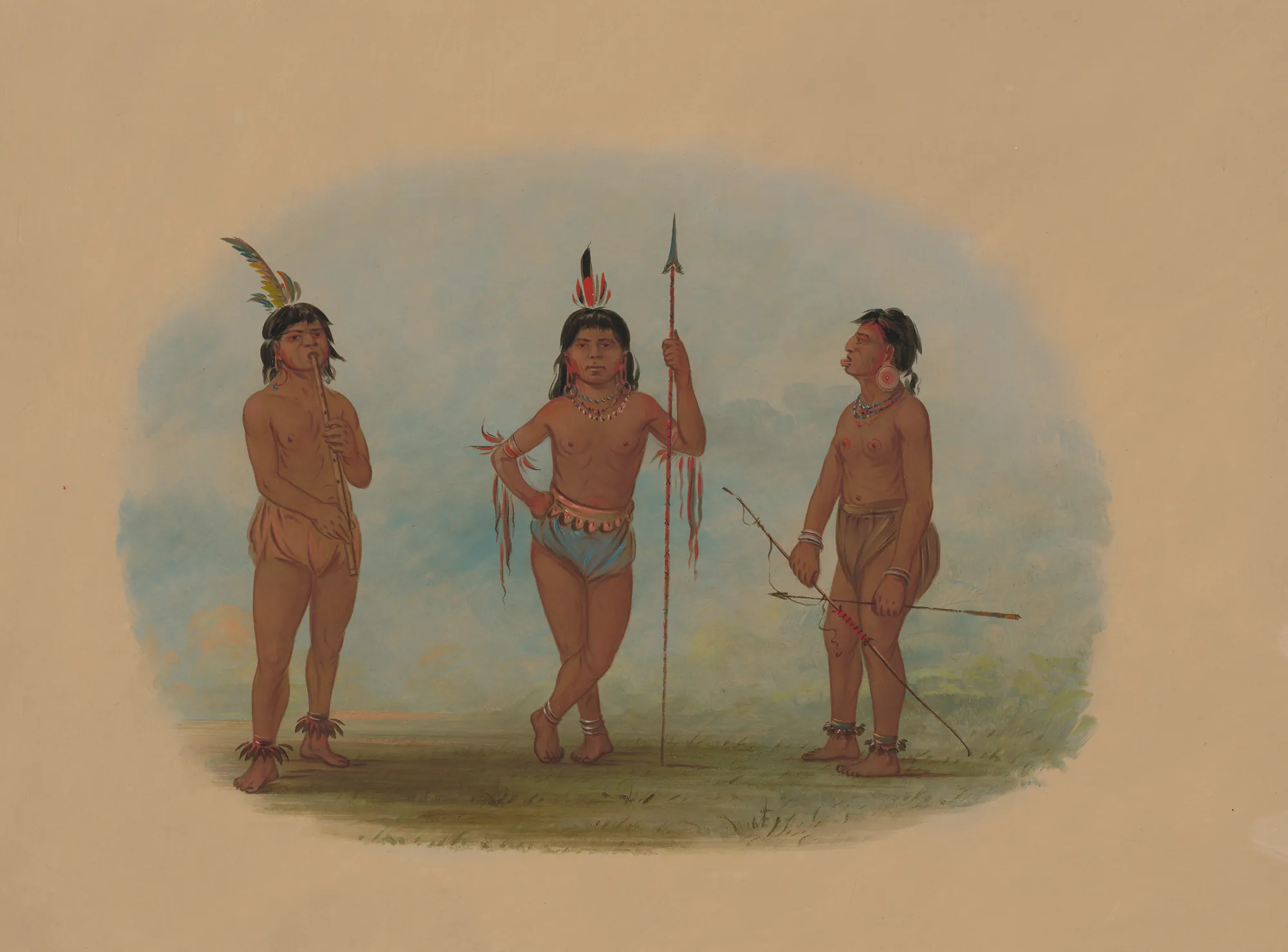 Three Young Tobos Men Three Young Tobos Men by George Catlin. Three young Indigenous men stand in a row against a soft landscape, holding a flute, a spear, and a bow.