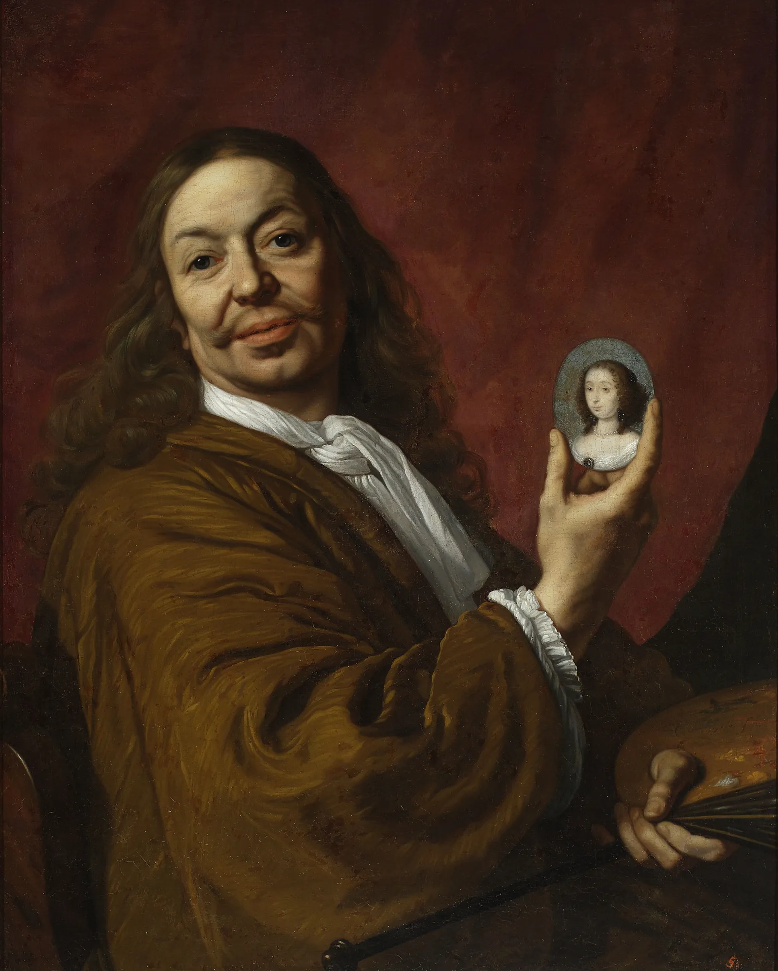 Self-Portrait Self-Portrait by Bartholomeus van der Helst. A self-portrait of a man with long hair holding a small oval miniature of a woman and a painter's palette against a dark red background.