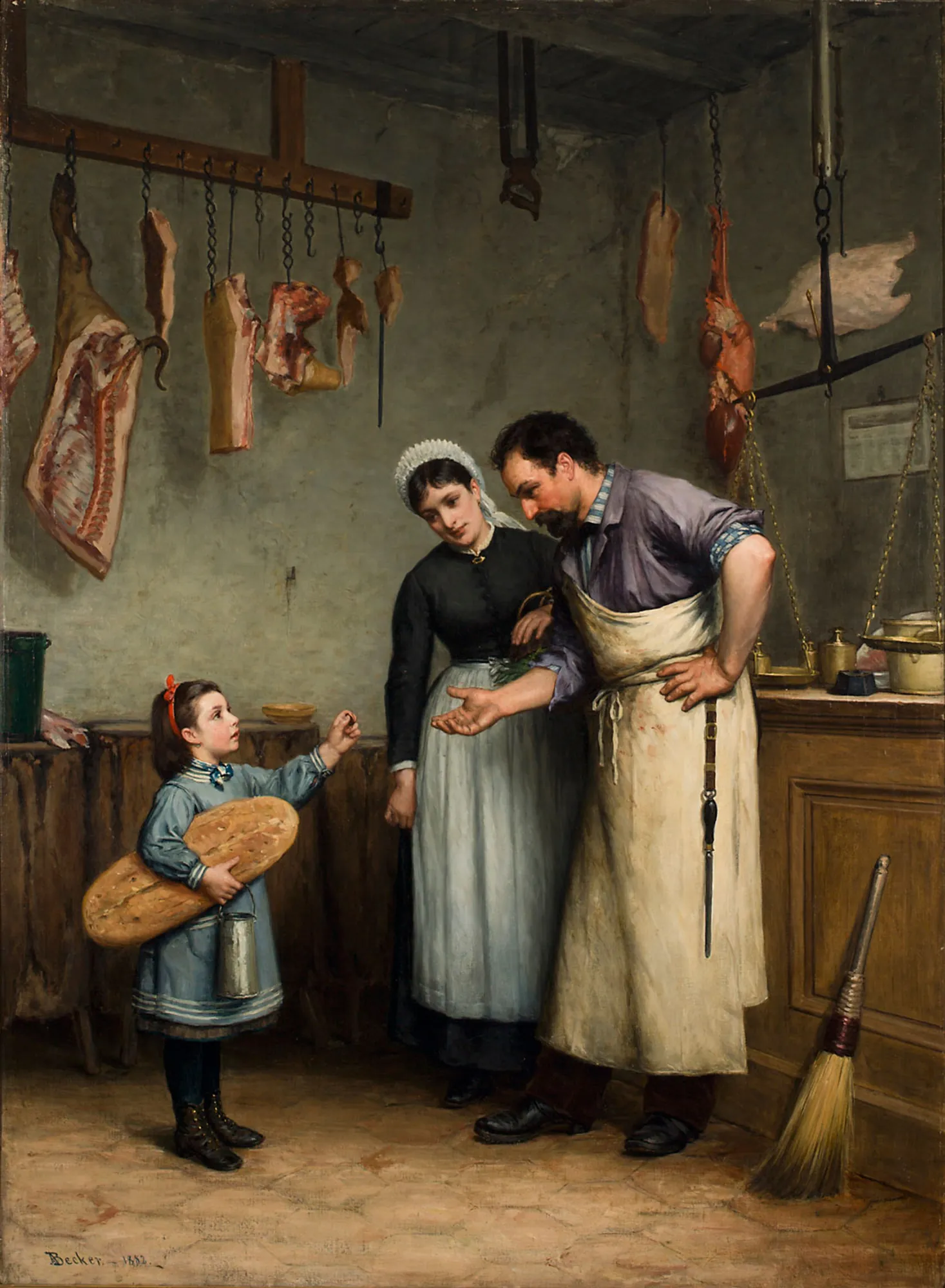 Something for the Cat Something for the Cat by Adolf von Becker. A young girl in a blue dress holding a large loaf of bread and a pail interacts with a butcher and a woman in a rustic shop interior.
