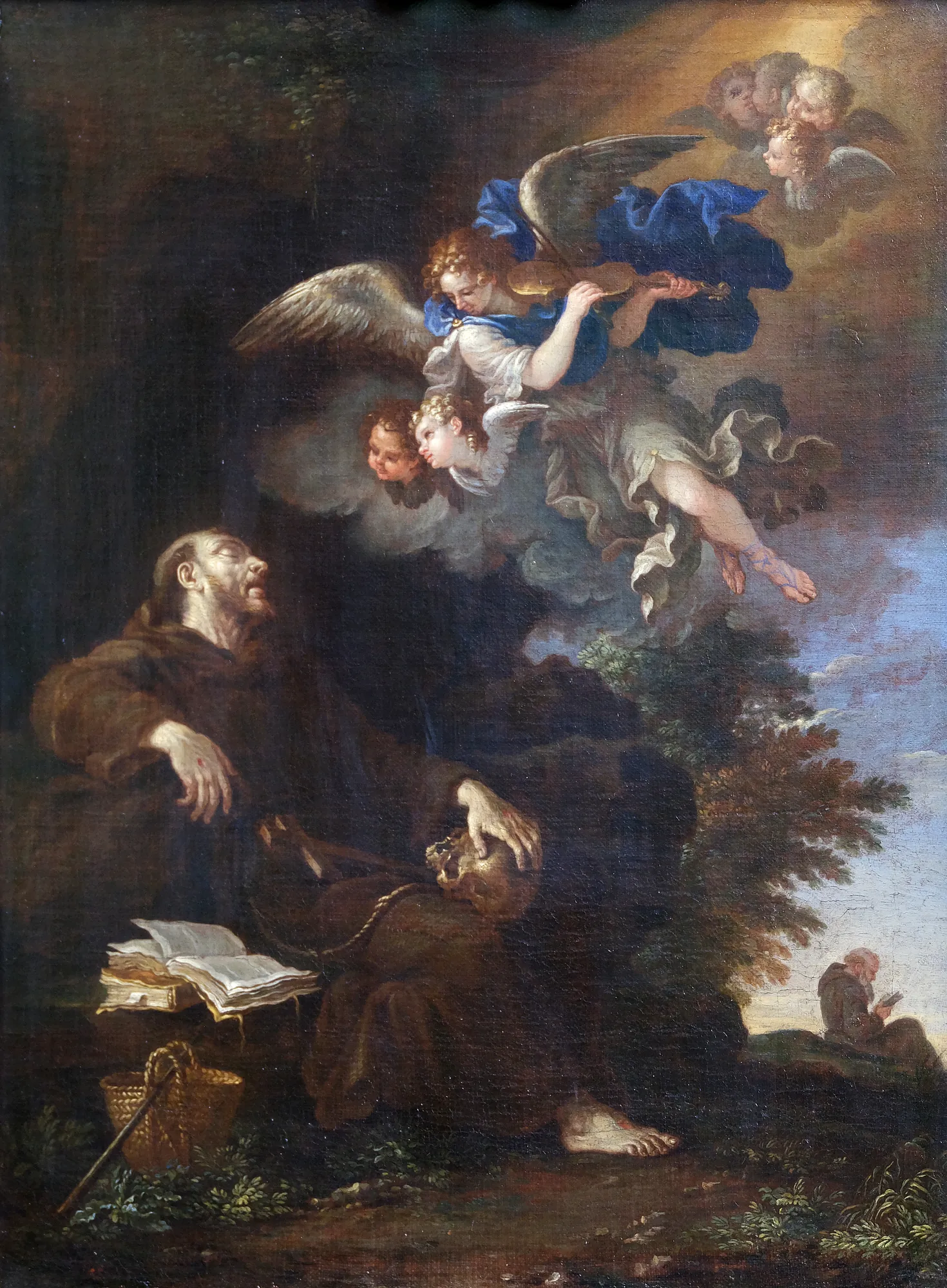Saint Francis in Ecstasy Saint Francis in Ecstasy by Filippo Lauri. A reclining Saint Francis rests his hand on a skull as a winged angel playing a violin appears above him amidst clouds and cherubs.