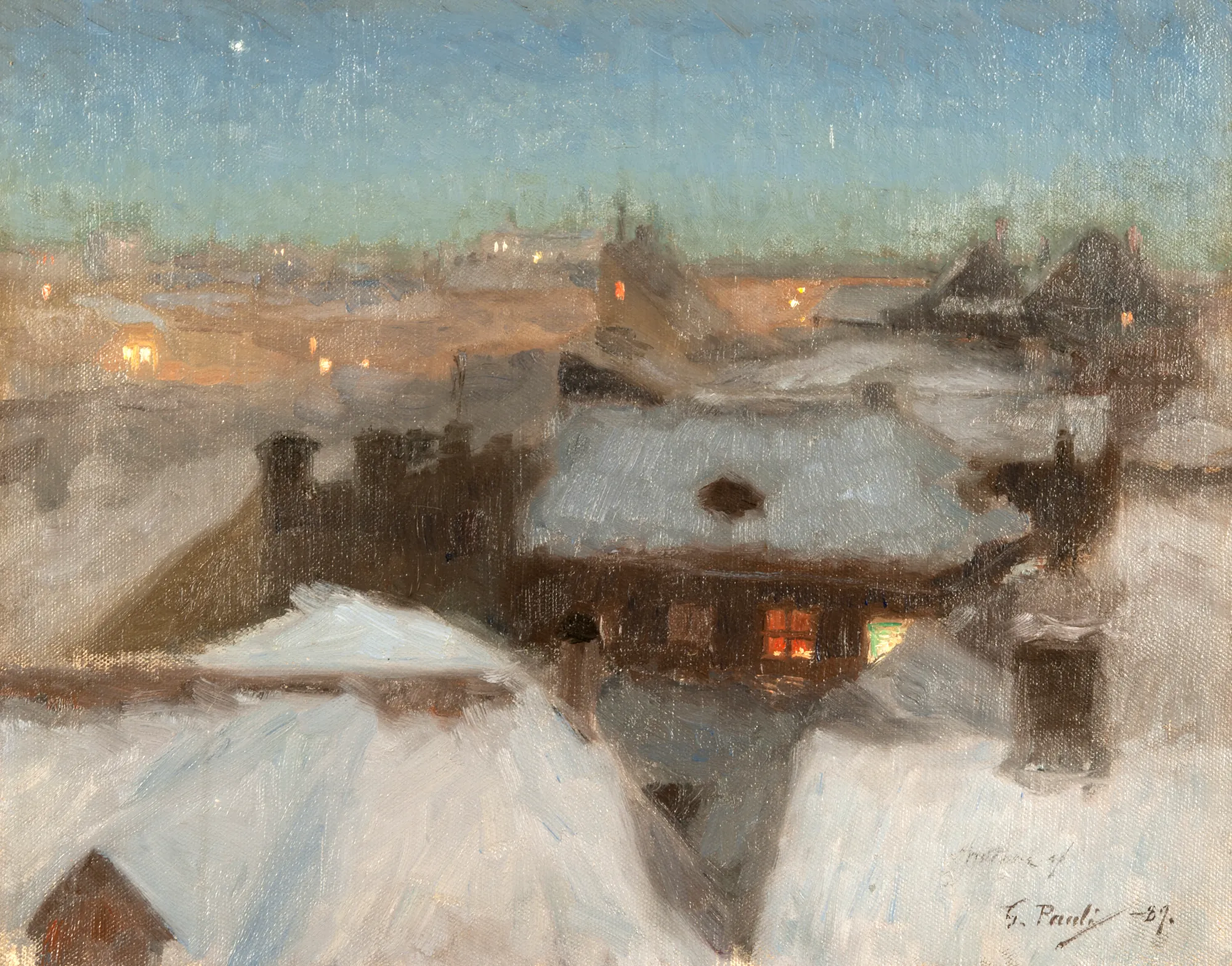 Winter Evening at Söder, Stockholm Winter Evening at Söder, Stockholm by Georg Pauli. An impressionistic twilight view of snow-covered rooftops in Stockholm with warm light glowing from windows under a soft evening sky.